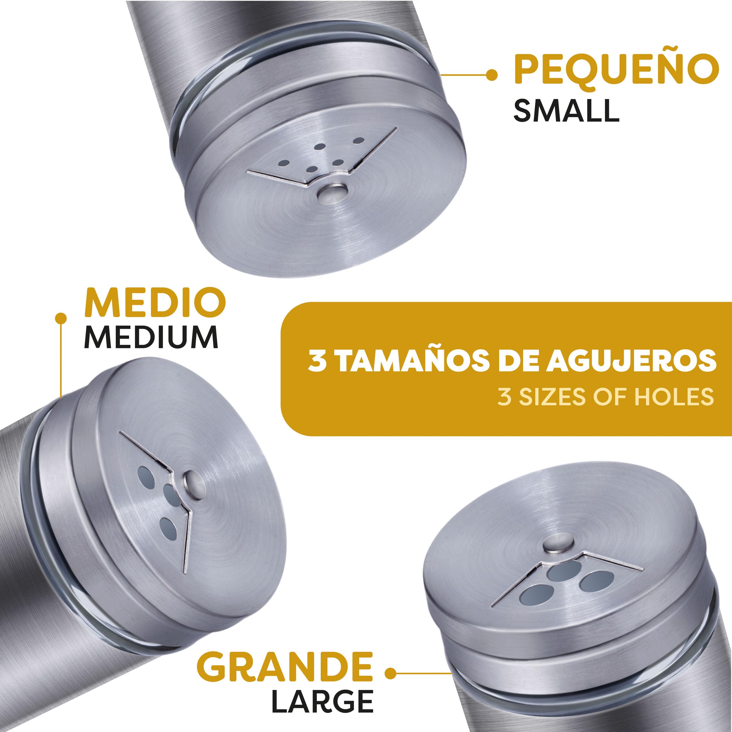 Frascos Espaciarías Acero Inoxidable - 12 Tarros para Especias con 3 Tipos de Dosificadores - Para Especias y Hierbas Aromáticas - Apto para Lavavajillas