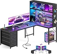 AODK 63" L-Shaped Gaming Desk with Hutch, 4 Drawers, LED Lights, Power Outlets & Pegboard - Black Corner PC Desk