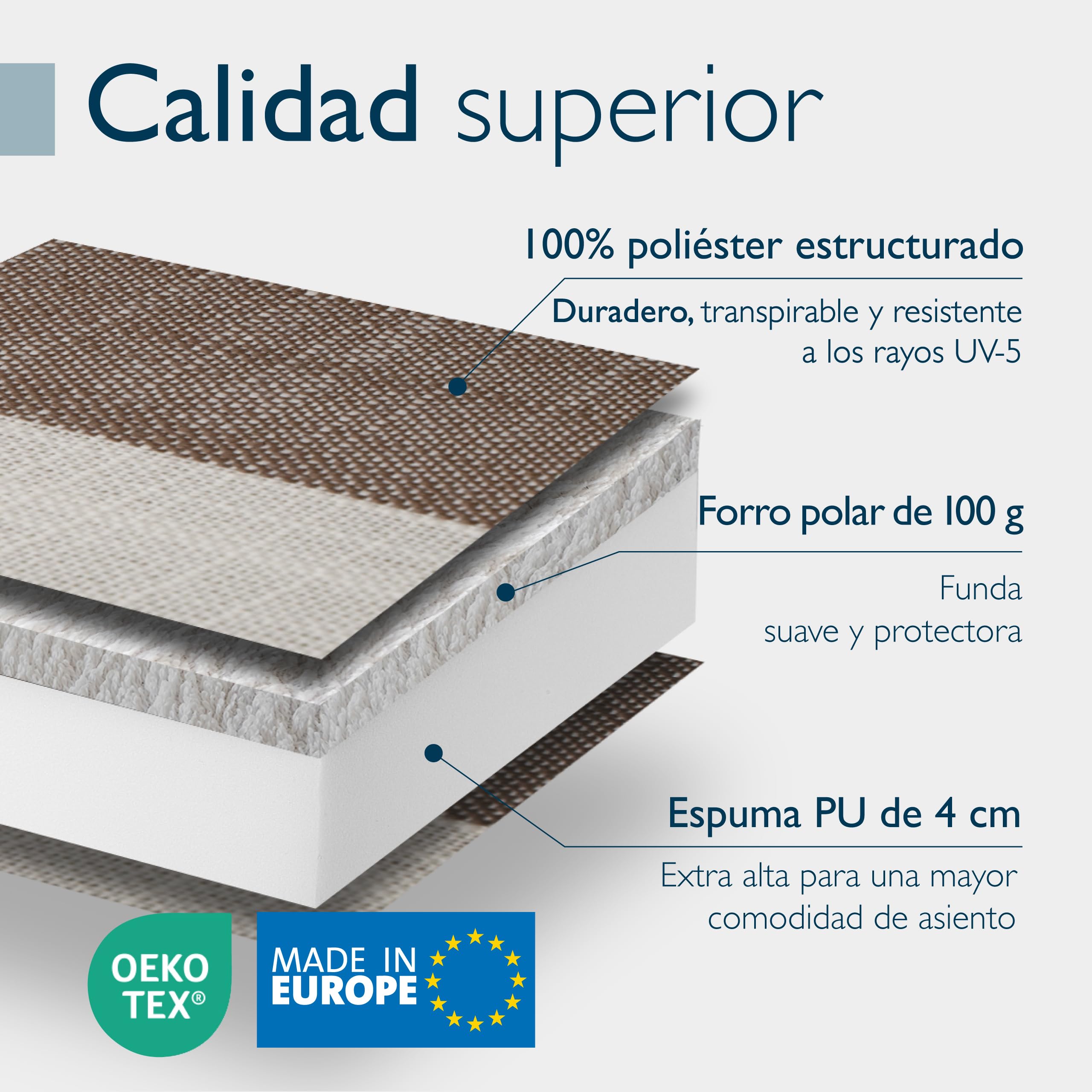 Beautissu Set 2 Premium Cojin Silla Jardín con Respaldo Alto y Almohadilla 120x50cm Sun-HL – Resistencia UV 8cm Grosor Acolchado Cojín Exterior con Respaldo Antideslizante – Rayas Beige Blanco