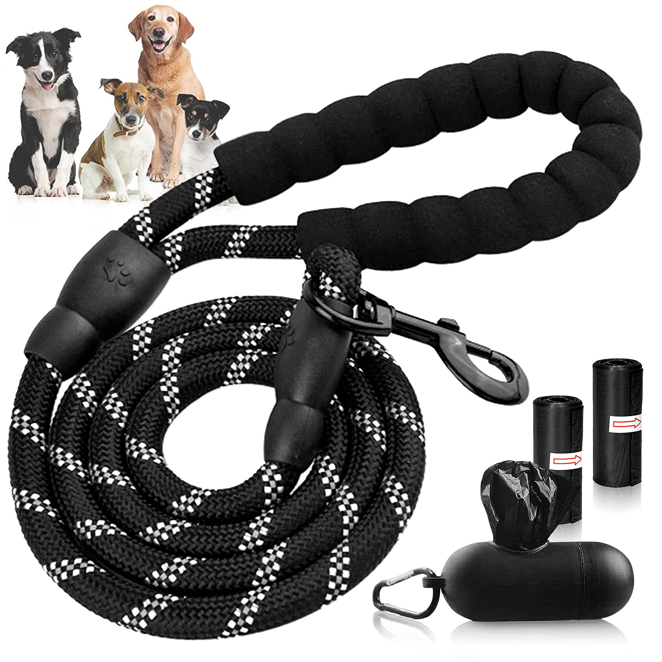 FHAAS Strong Dog Leash Rope 5ft with Comfort Padded Handle Reflective Threads Heavy Duty Clasp–Pet Accessories Dispenser Holder Pouch Metal Hook–Poop bag Roll Large Medium Dogs