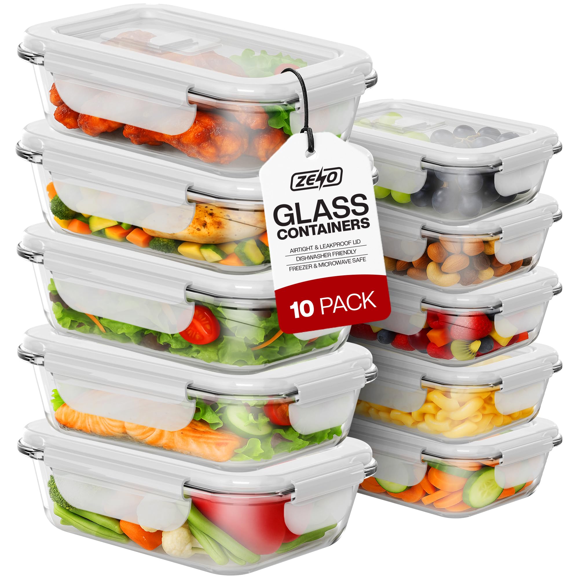 ZENO Glass Containers with Lids 10 Pack | Meal Prep Containers | Glass Food Container with Lid, Airtight Seal, Leakproof Lid | Dishwasher Safe | Freezer & Microwave Safe | 5 X 1050ml + 5 X 370ml