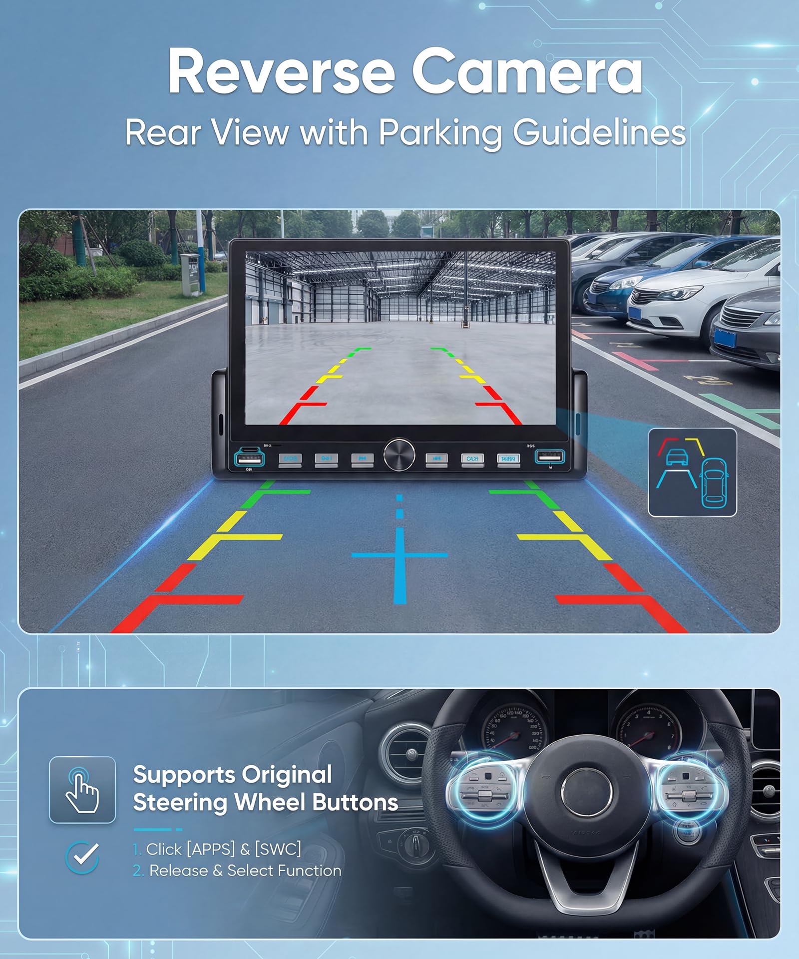 Rimoody Radio de Coche 1 DIN con Inalámbrico Carplay You-Tube Android Auto, 7 Pulgadas Pantalla Táctil Radio Coche iOS/Android Mirror Link Bluetooth FM Radio USB/EQ Control del Volante Cámara Trasera