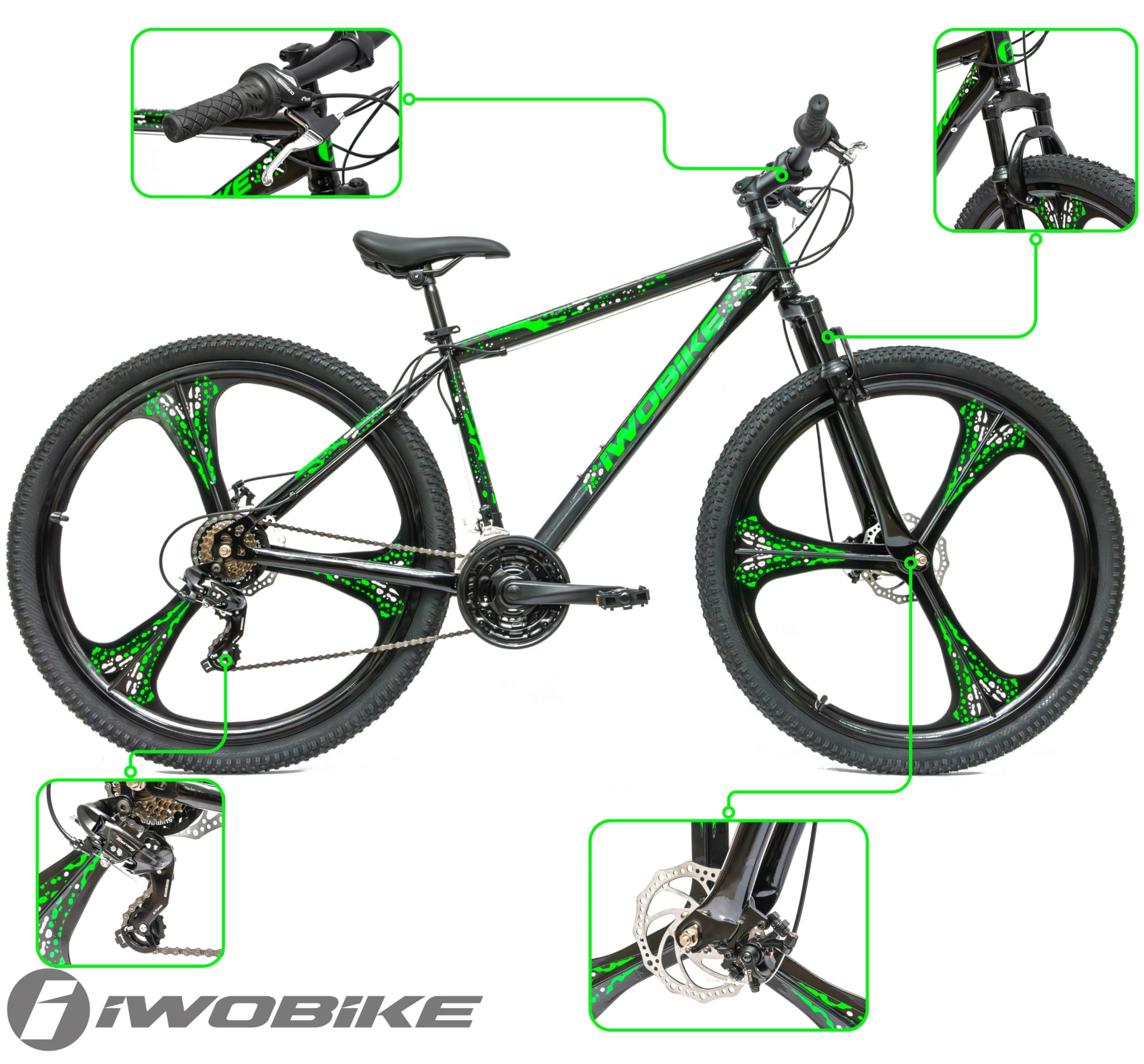 Rower Górski MTB 29 cali, Czarny Połysk z Zielonymi Akcentami | Rower Górski MTB 29 cali, Czarny Połysk z Zielonymi Akcentami, Męski, 21 Biegów, Rama Stalowa 18 cali, Amortyzacja Przednia,
