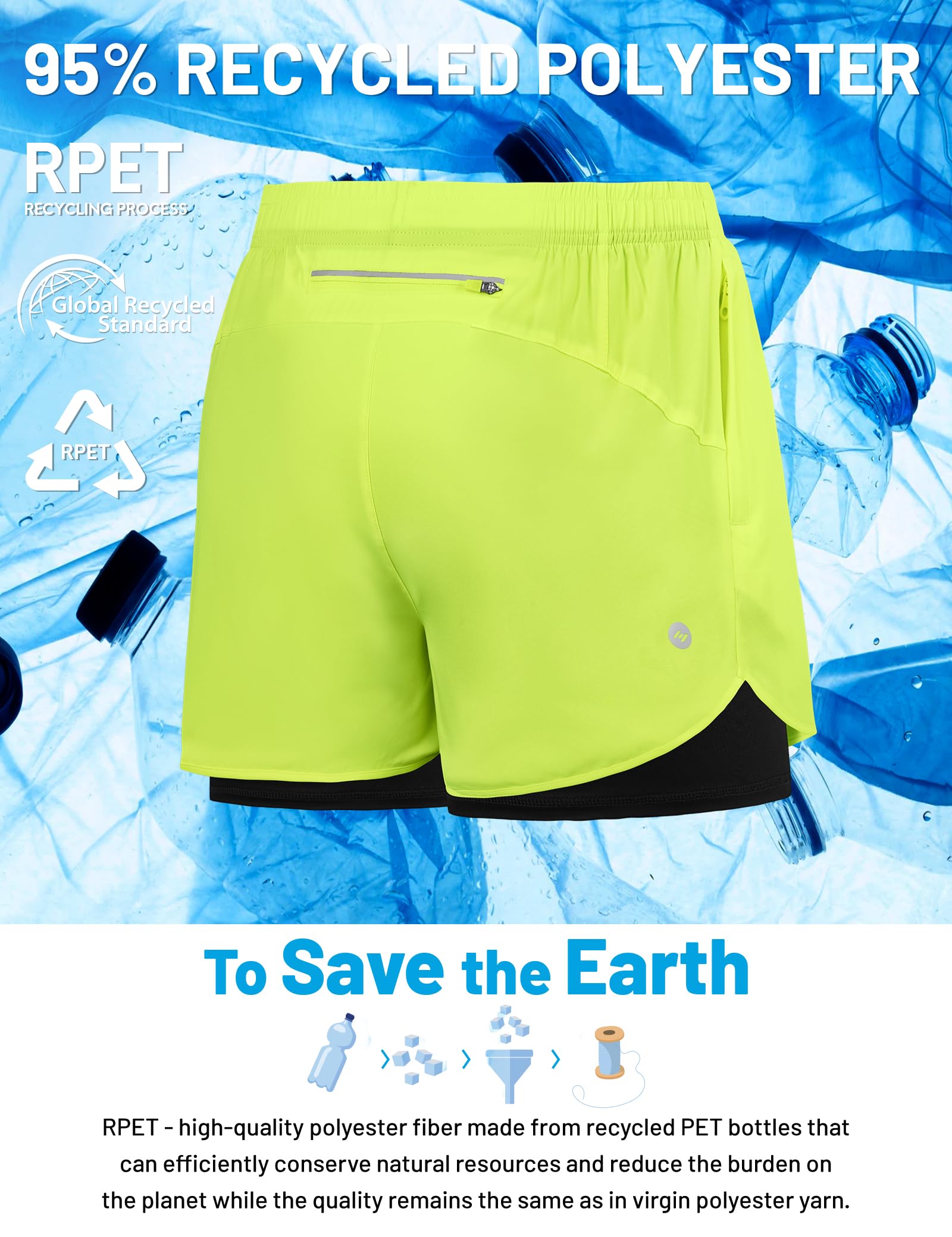 MIER Short de course 2 en 1 pour homme à séchage rapide avec doublure de compression, 3 poches zippées