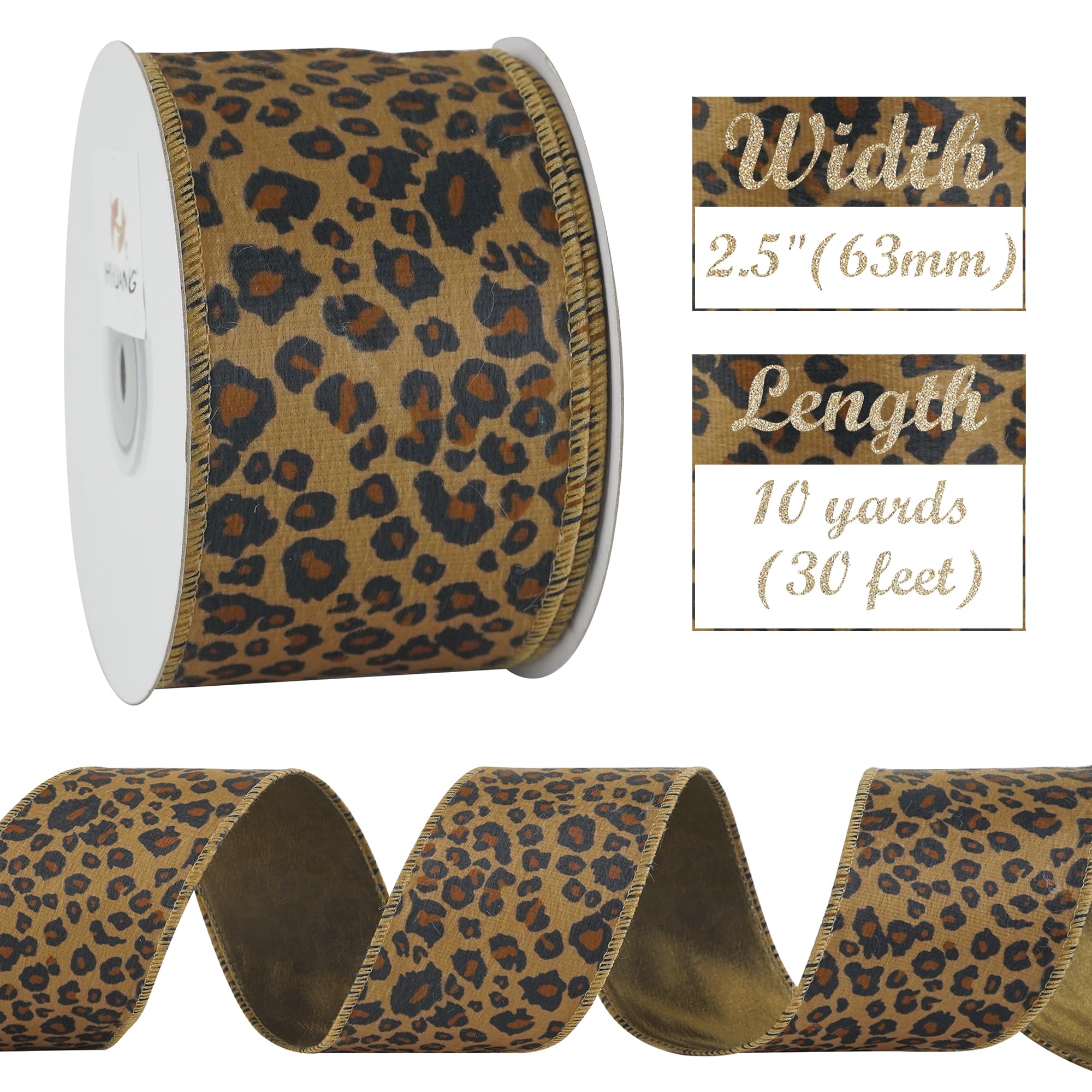 HUIHUANG Leopard Print Velvet Wired Ribbon 2.5 inch Animal Print Brown Velvet Ribbon for Christmas Tree, Bows Making, Wreaths, Garland, Crafting, Fall Decor-Continuous 10 Yards