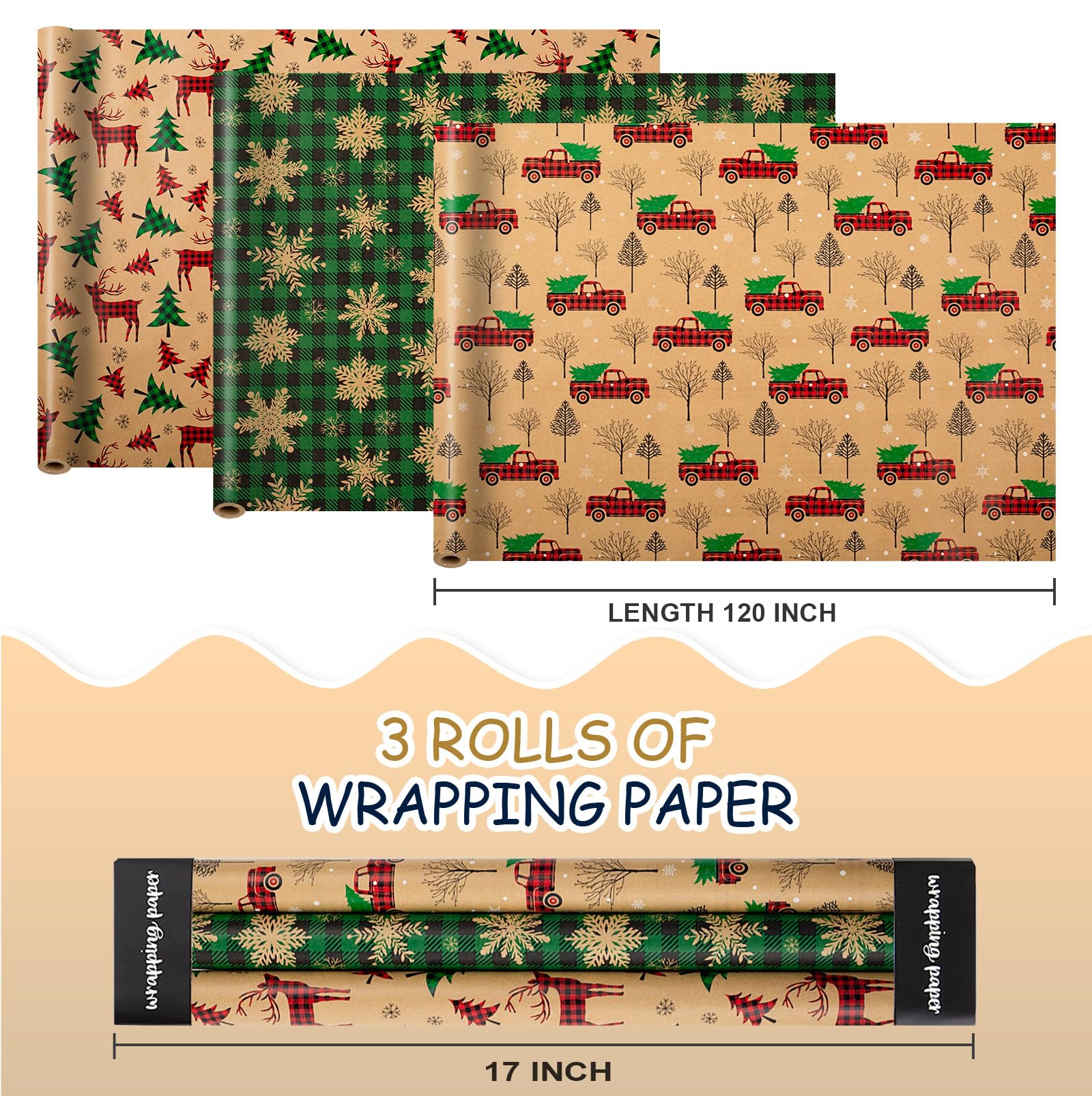 Yarcony Kraft-Weihnachts-Geschenkpapier, 43,2 x 305,8 cm pro Rolle (3 Rollen) – Vintage-Weihnachts-Geschenkpapier, klassischer roter LKW, Hirsch und Schneeflocke, dickes Geschenkpapier für Weihnachten