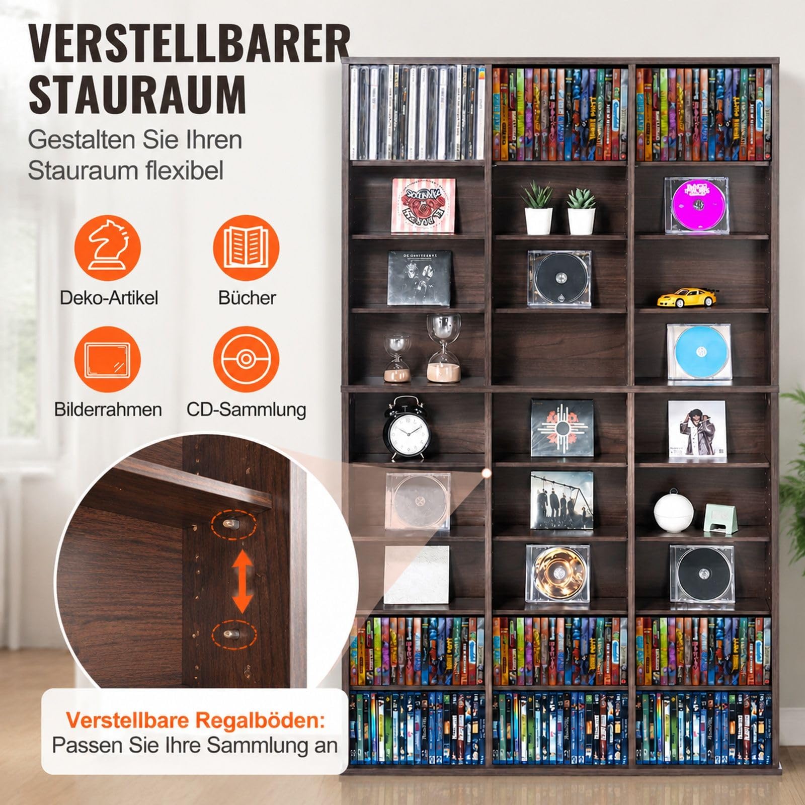 Medien Aufbewahrungsschrank in Espresso mit 27 Fächern und verstellbaren Regalen für DVDs und CDs
