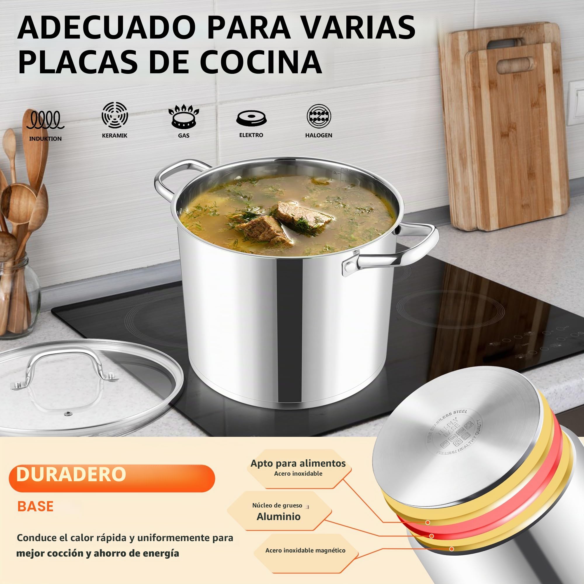 Joyfair Olla grande de acero inoxidable de 9,5 litros, para inducción con tapa de cristal, 3 capas, base estable, para todo tipo de cocinas, olla para pasta de para cocinar, grandes
