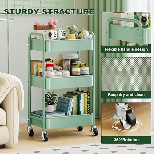 Miniatura 4 de Carrito de almacenamiento de 3 niveles de metal con ruedas, carritos verdes para pañales para bebé, organizador de carrito de manualidades de tres