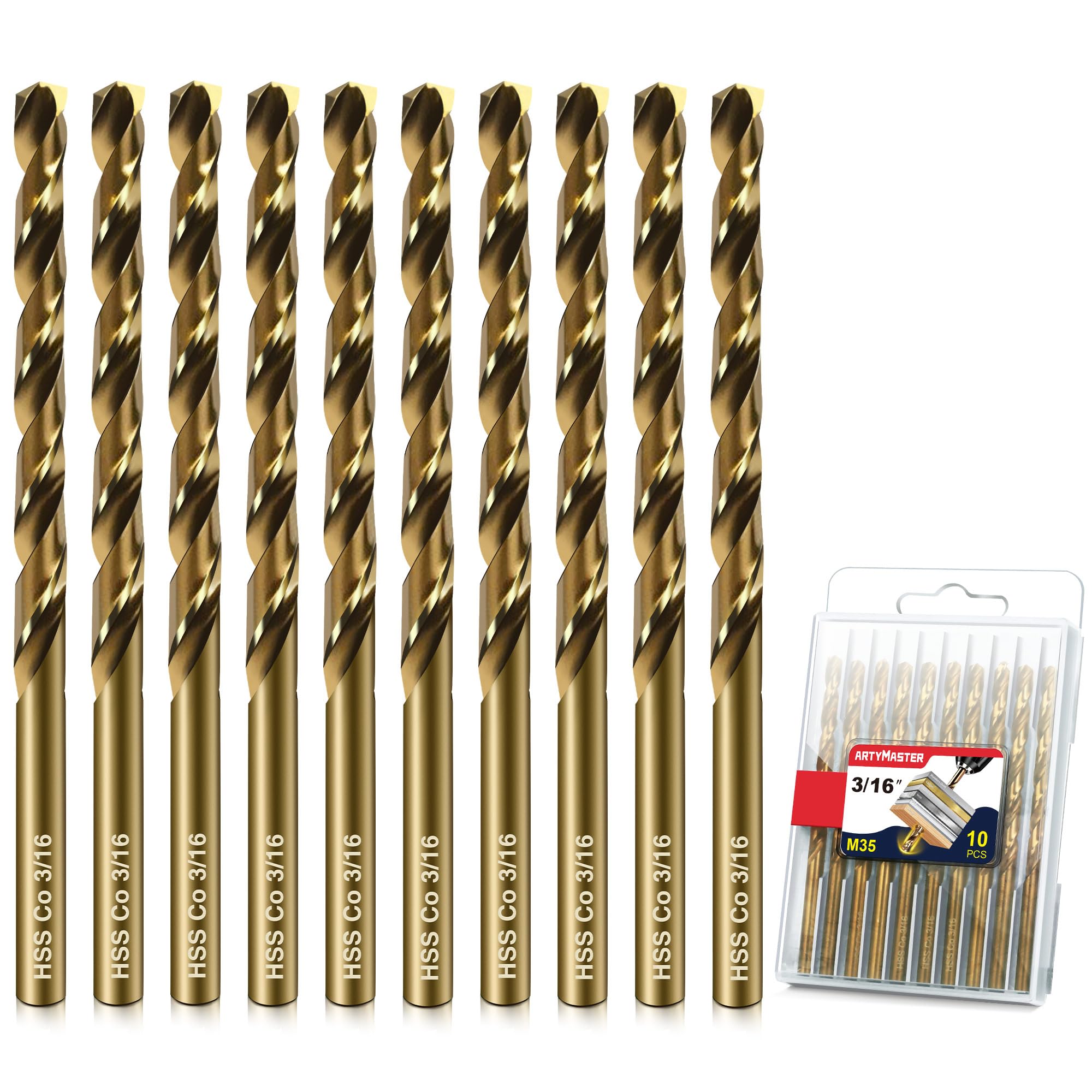 Drill Bit Set, 10pcs (3/16") M35 HSS Twist Cobalt Drill Bits for Stainless Steel, Hardene…