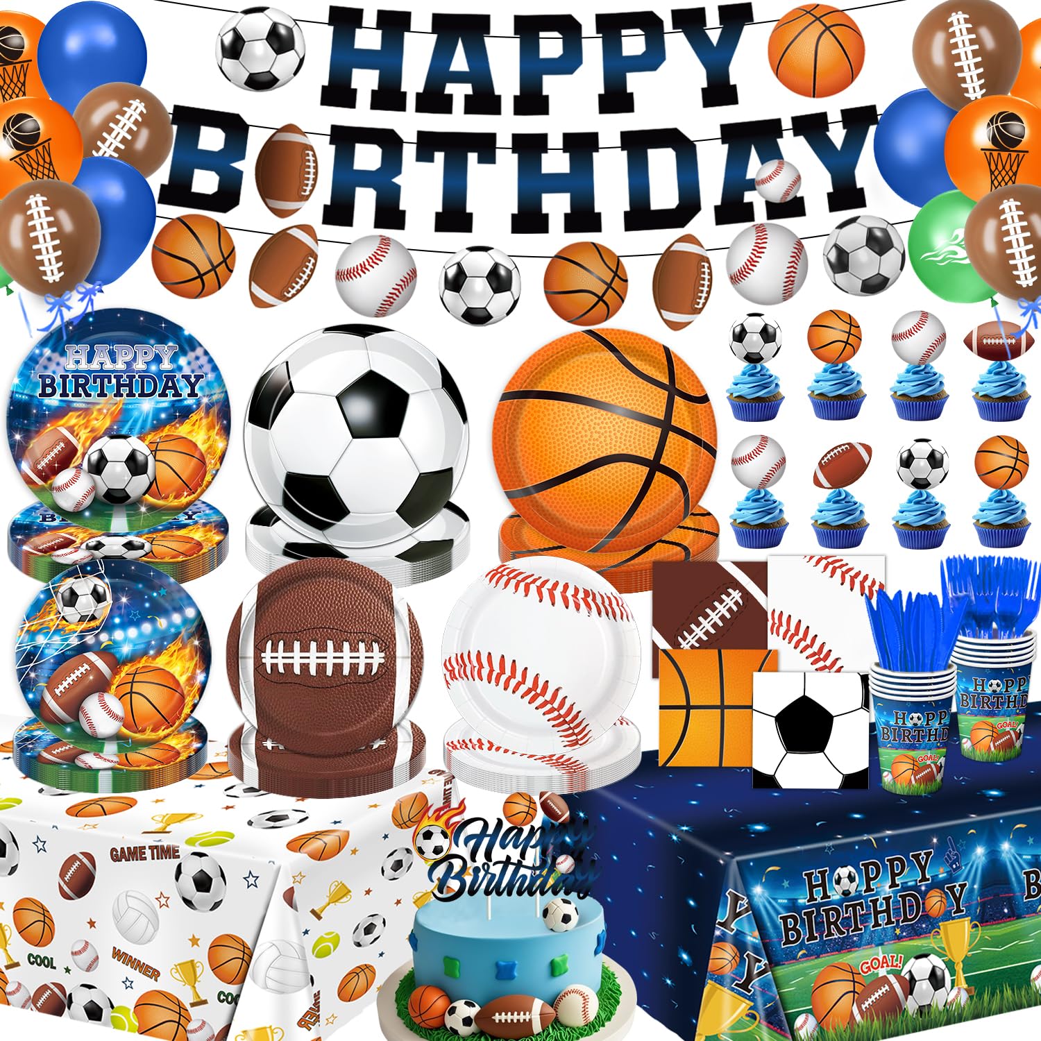 Photo 1 of 191 PCS Sports Birthday Party Decorations Includes Plates, Napkins, Cups, Knives, Forks, Banner, Cake & Cupcake Toppers, Tablecloth for Sports Themed Party Decorations, Serves 24