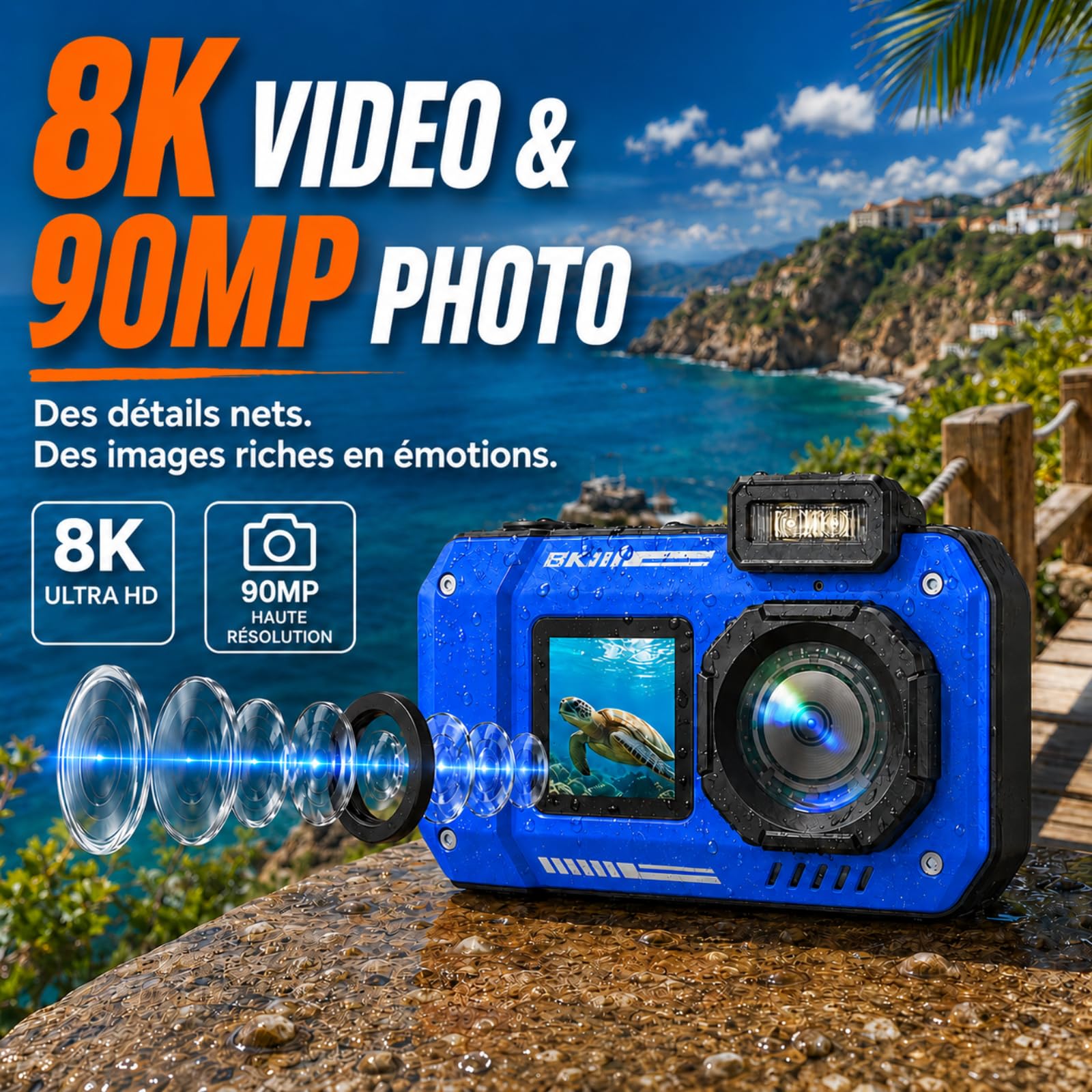 MaxMango D50 33FT Appareil Photo Numérique Etanche，8K 70MP Caméra sous-Marine avec 16 Go de Stockage, Double écran 18x, Résistante à la Poussière et Aux Chocs, Autofocus - Bleu