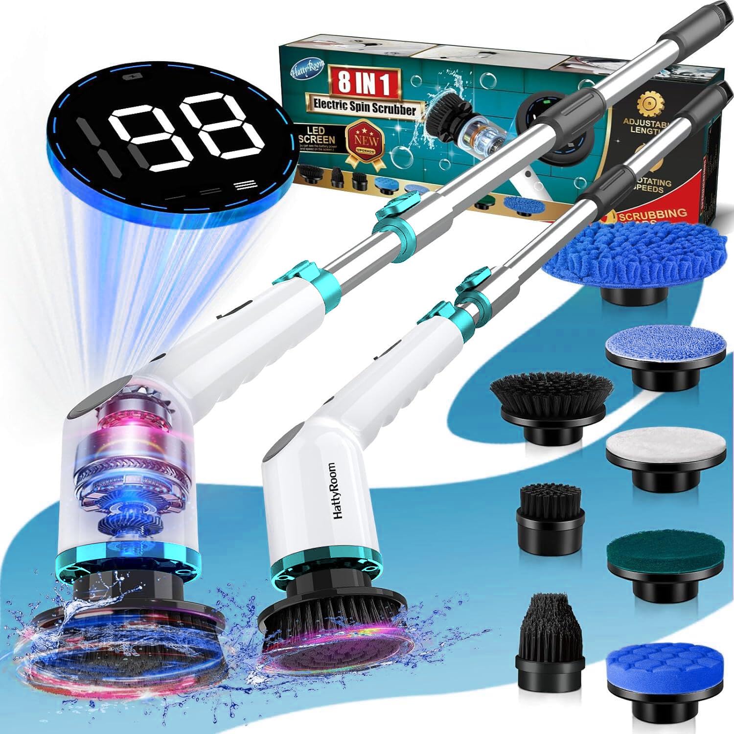 Electric Spin Scrubber, Cordless Shower Scrubber with 8 Replaceable Brush Heads and 3 Adjustable Speeds, LED Display and Extension Handle, Power Cleaning Brush for Bathroom Tub Grout Tile Floor