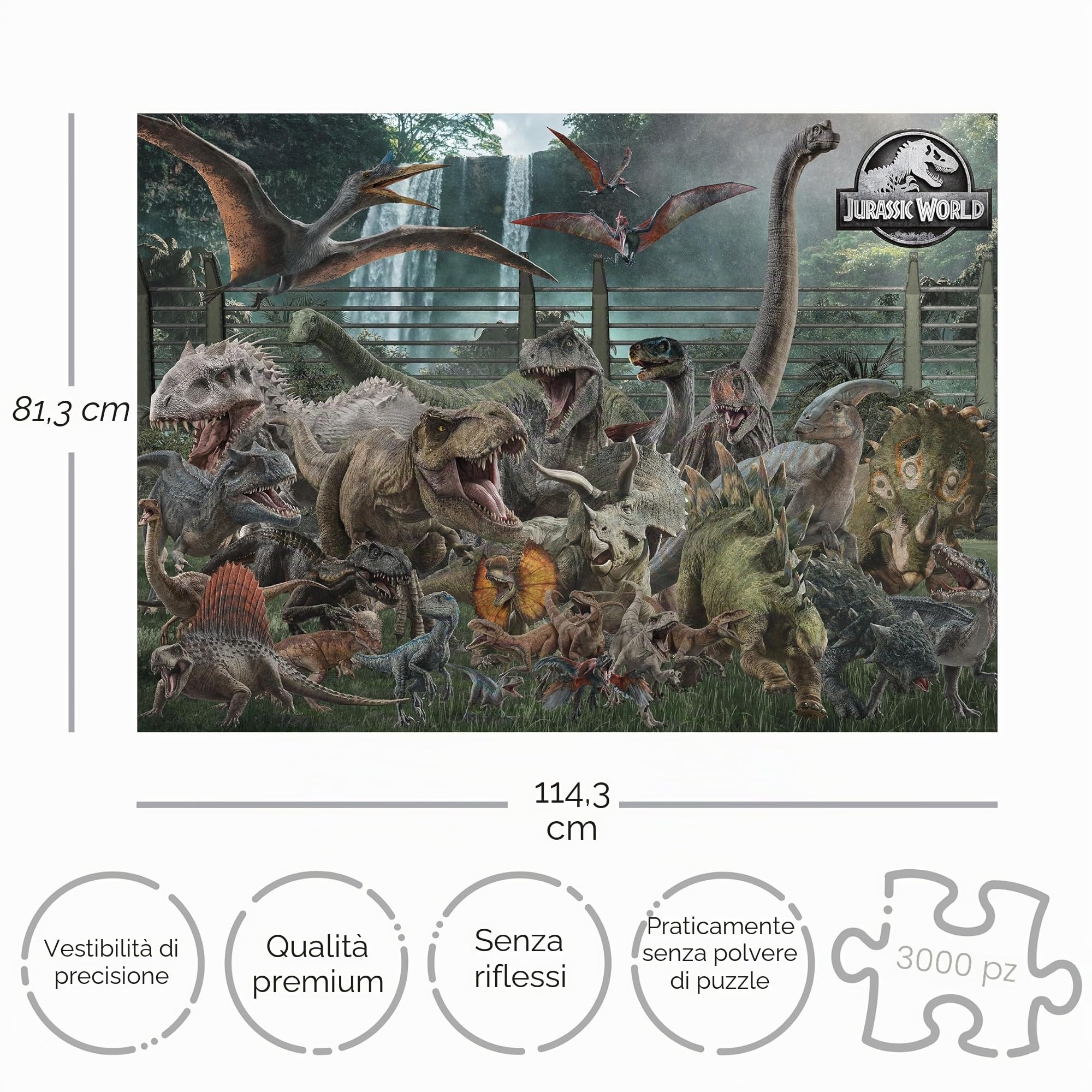 AQUARIUS Jurassic World - Puzzle da 3000 pezzi (puzzle da 3000 pezzi), senza riflessi, vestibilità precisa, con licenza ufficiale, prodotto e oggetti da collezione Jurassic World, 106 x 89 cm