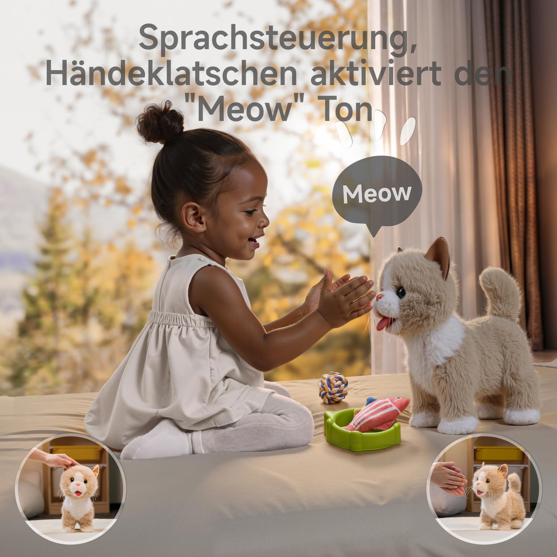 TUMAMA Interaktives Katze Spielzeug für Kinder, Kuscheltier Kittens Mit Fernbedienung Leine Der Läuft Und Bellt, Plüschtier Elektronisches Kätzchen Haustier ab 3 4 5 6 - Gehen, Miaut, Schwanz Wedeln