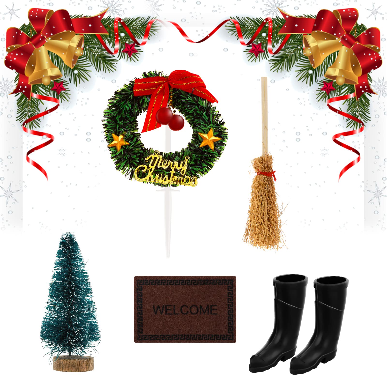 cobee Christmas Dollhouse Decoration, 5PCS 1:12 Miniature Scene Model Mini Christmas Wreath Tree Boots Carpet Broom Set Pretend DIY Fairy Figurines Scene Ornaments