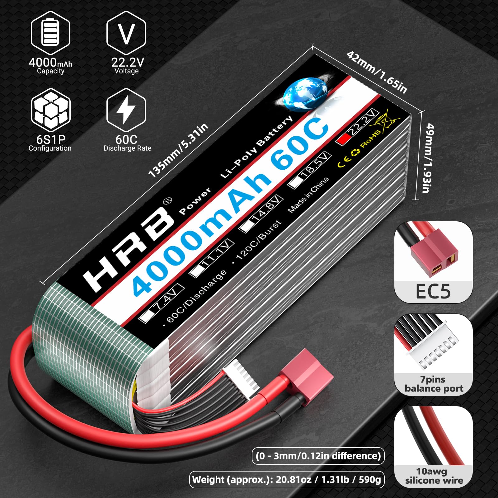 HRB 2pcs 6S Lipo Battery Dean T 22.2V 4000mAh 60C RC Lipo Battery Compatible with für RC Quadrocopter Flugzeug Helikopter Auto Boot Hobby