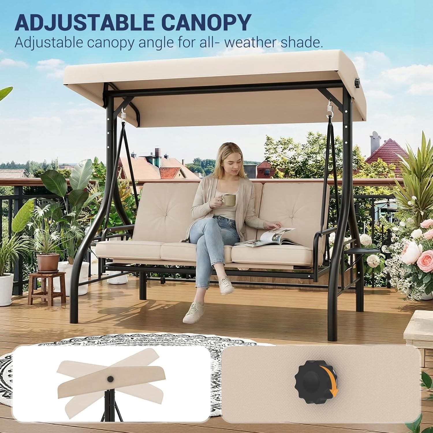 3-Seat Outdoor Porch Swing with Adjustable Canopy, Convertible Patio Swing Bed with Stand, Thick Cushions, Pillows & Cup Holders, Weather-Resistant Steel Frame for Backyard, Garden, Porch, Beige