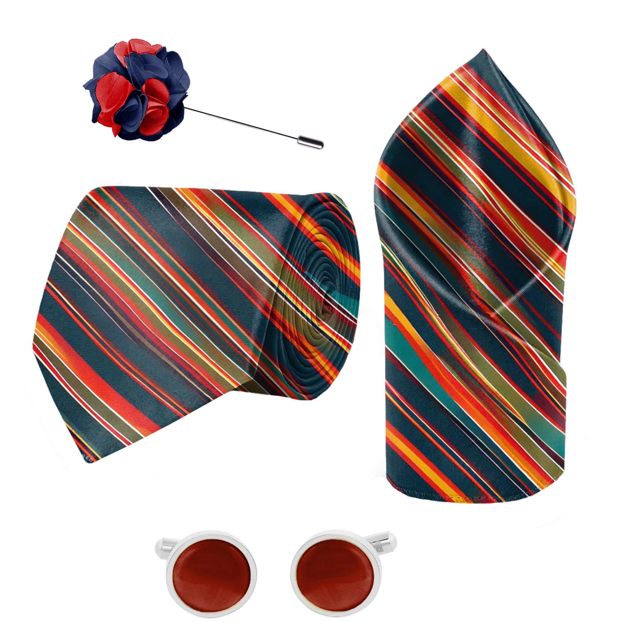 Joyful Striped Printed Tie and Pocket Square Set with Cufflink and Matching Flower Lapel Pin-image-4