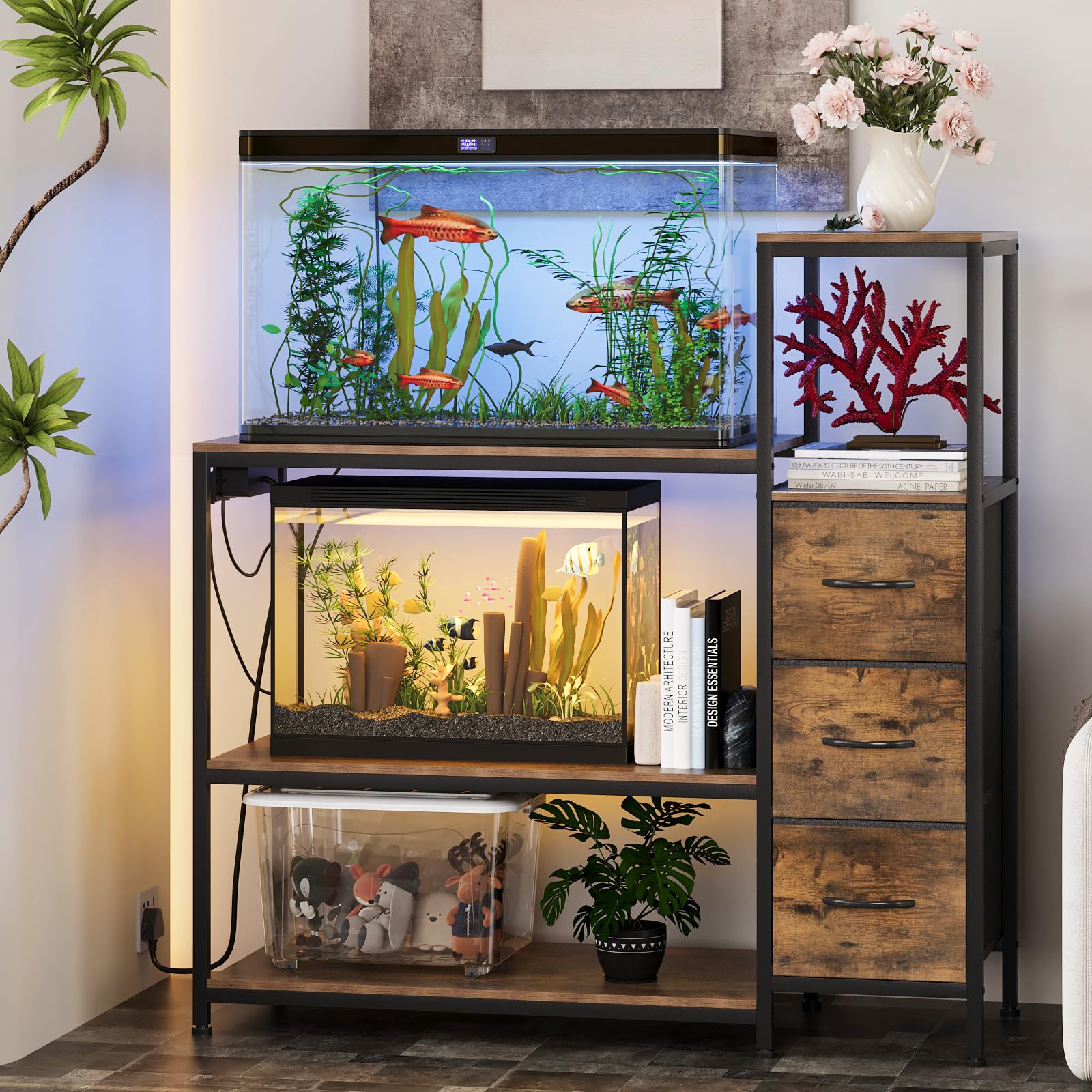 VEDECASA Support d'aquarium avec prises de courant, armoire d'aquarium avec 3 tiroirs en tissu et étagères de rangement à 3 niveaux, cadre en métal robuste, marron rustique, 78 l