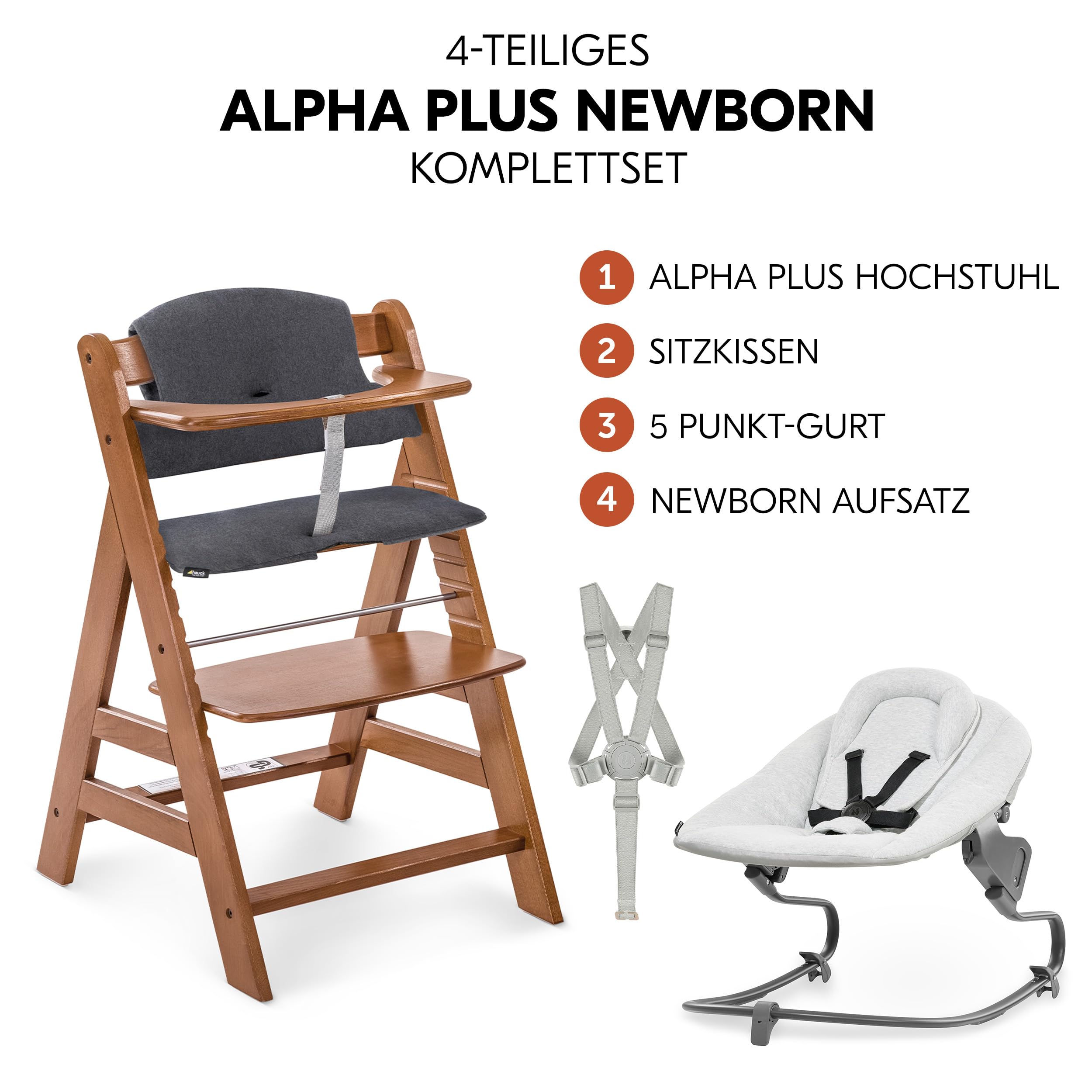 hauck Alpha+ Hochstuhl Newborn Set mit Premium Bouncer - Walnuss