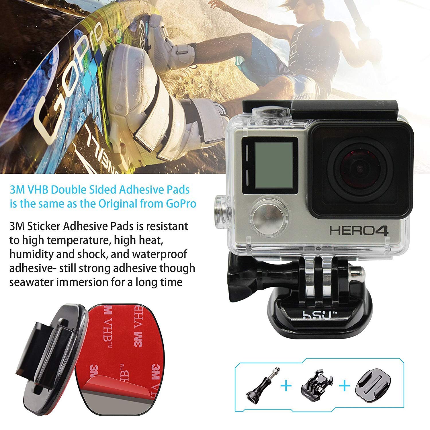 HSU Mocowanie kasku do GoPro, samoprzylepny uchwyt na kask z 3M do Hero 12/11/10/9/8/7/6/5/4/3 i innych kamer sportowych