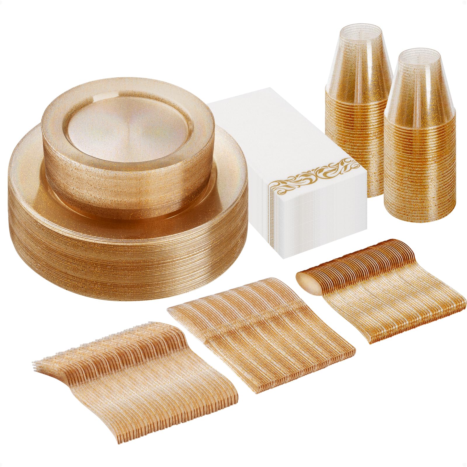 Goodluck 175 Piece Dinnerware Set for 25 Guests, Plastic Plates Disposable for Party, Include: 50 Gold Glitter Plastic Plates, 25 Paper Napkins, 25 Cups, 25 Gold Glitter Plastic Silverware Set