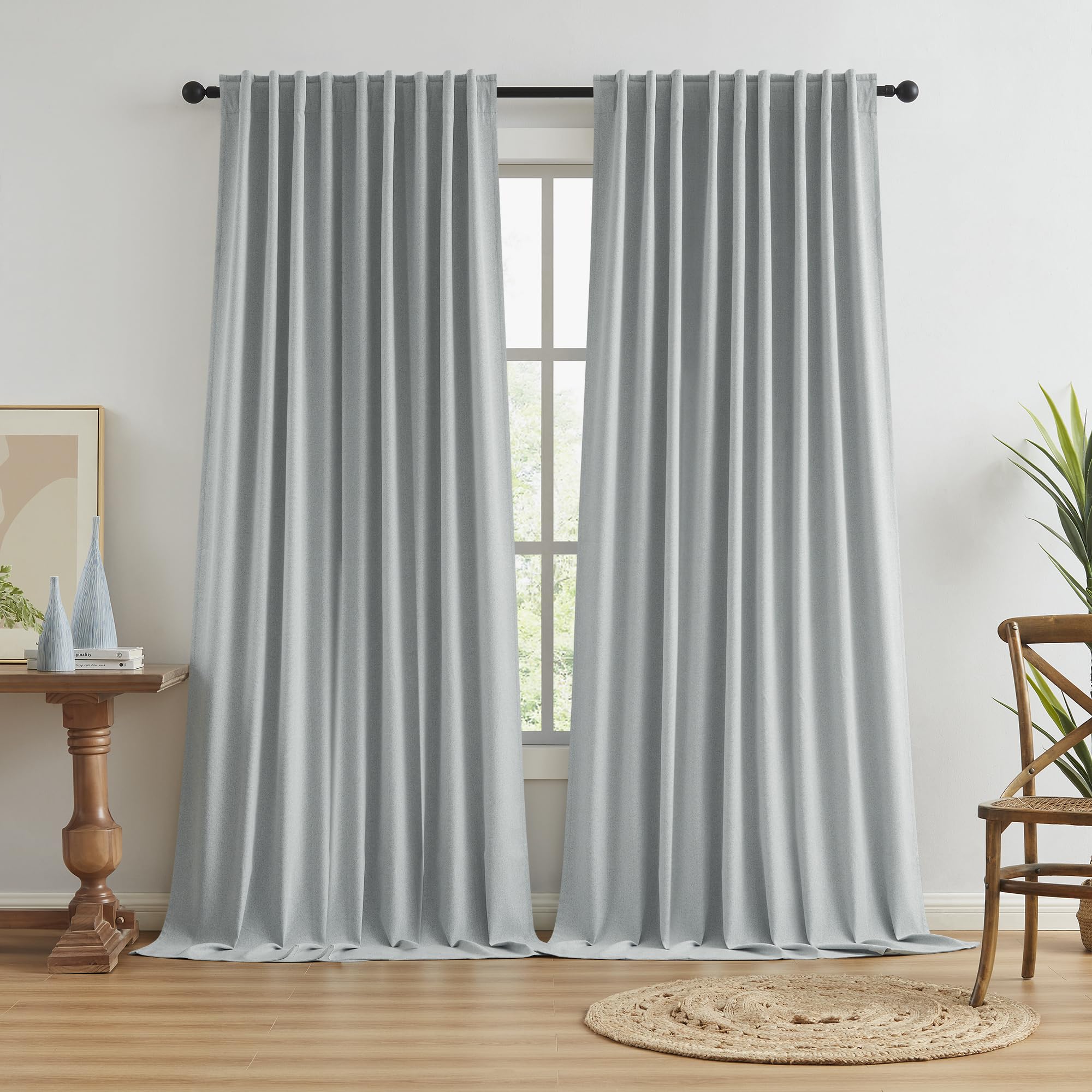 100% Blackout Curtain Panels Rod Pocket with Back Tabs Hook Belt Curtains with Pleated Look for Track System, Energy Efficient Curtains for Living Room, Patio, Door Blinds, Light Grey 183 x โ image 1