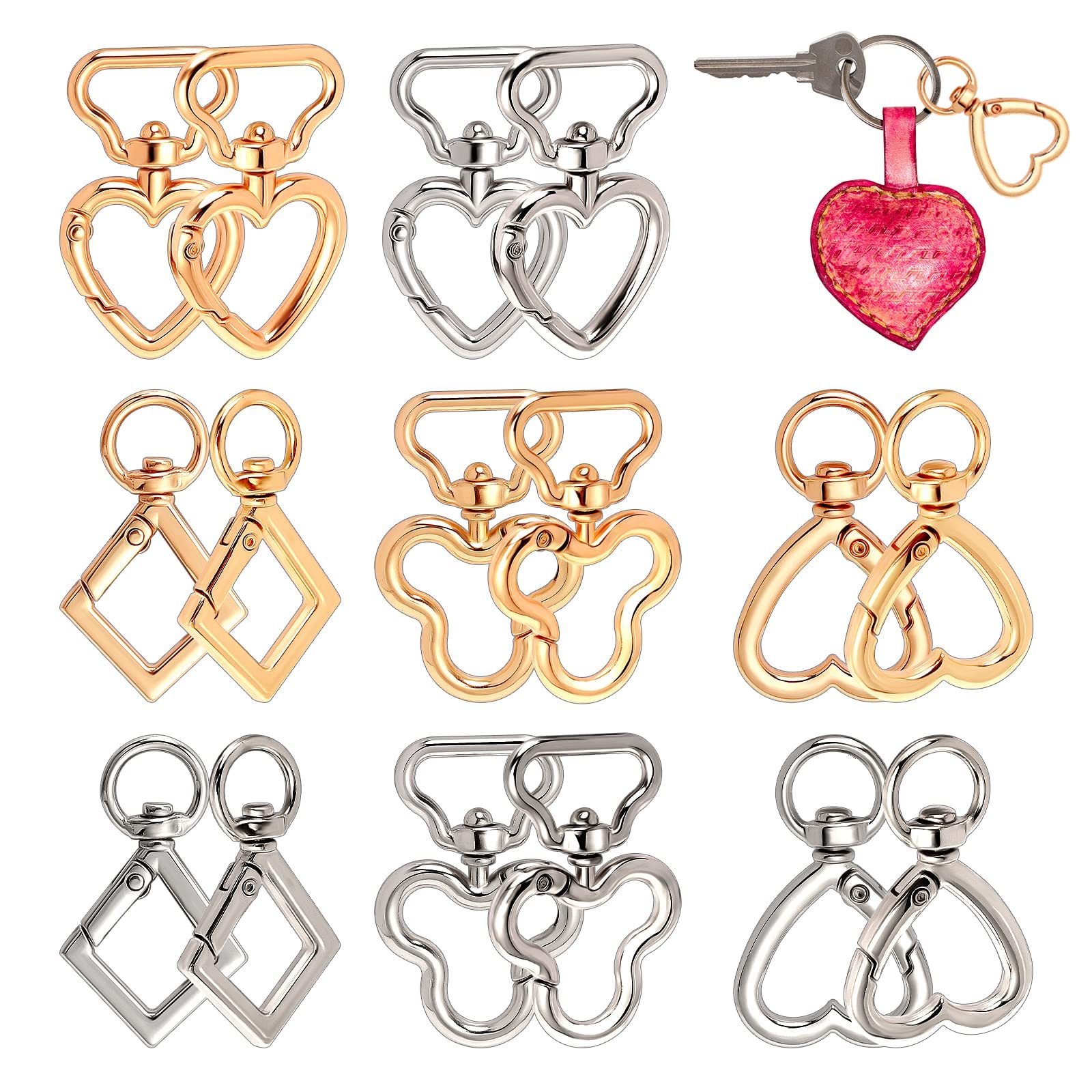 NALACAL16PCS Metal Heart Keychain, Swivel Lobster Clasp Snap Hook Hanging Buckle Keyring Clip with Flower, Rhombus, Heart Shape for Keychains, Bags, Jewelry Making - 4 Styles