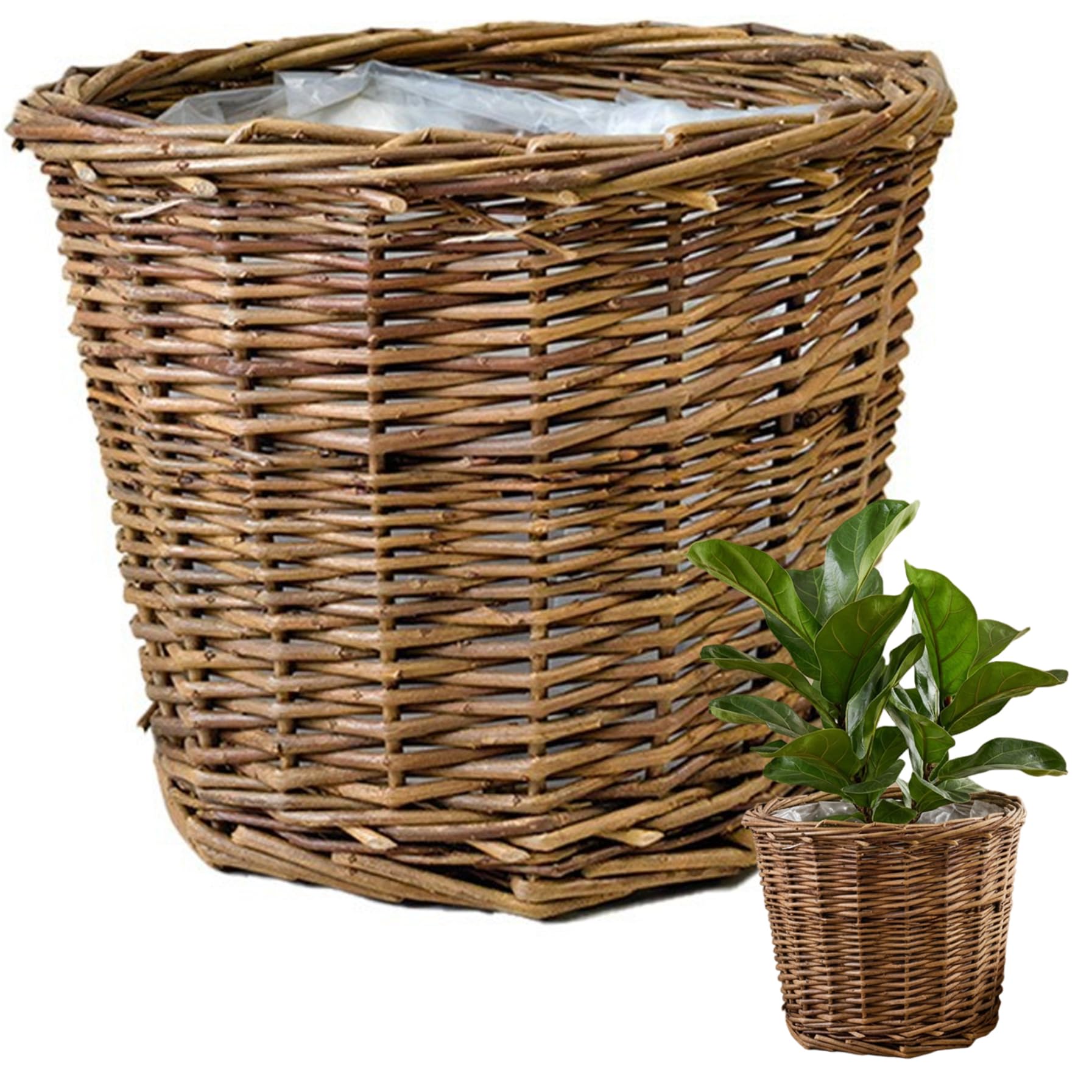 Wilafury Handwoven Wicker Planter Basket with Liner, Natural Rattan Plant Baskets for Indoor Plants, Decorative Flower Pot Cover, 17x14 cm