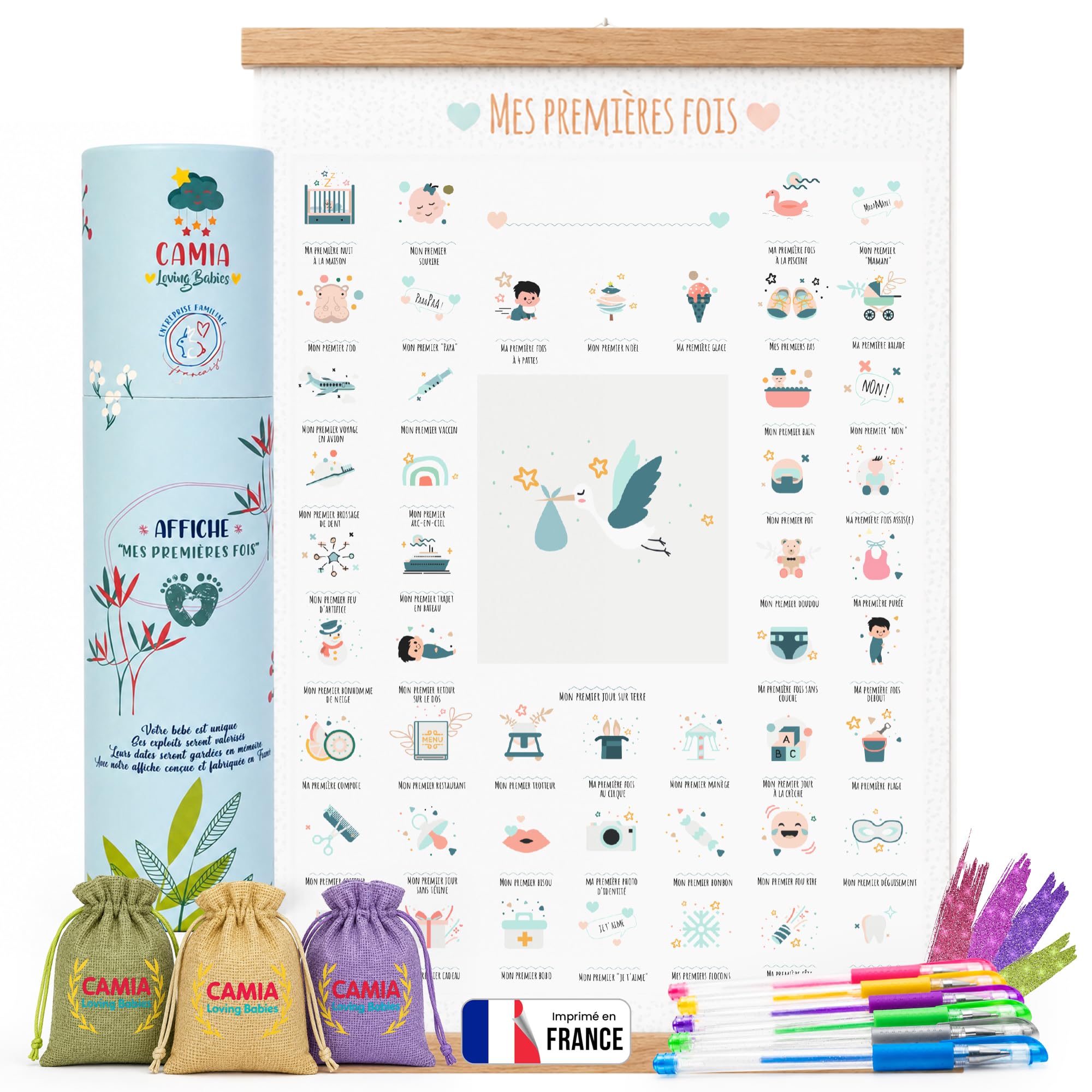 Poster "Meine ersten Male": Geschenk zur Geburt für Babys, Mädchen, Jungen, Geschenk zur Babyparty, Erinnerungsbox für Babys, Set zur Geburt, werdende Mutter (Geschenkbox + Ringe + Stifte)