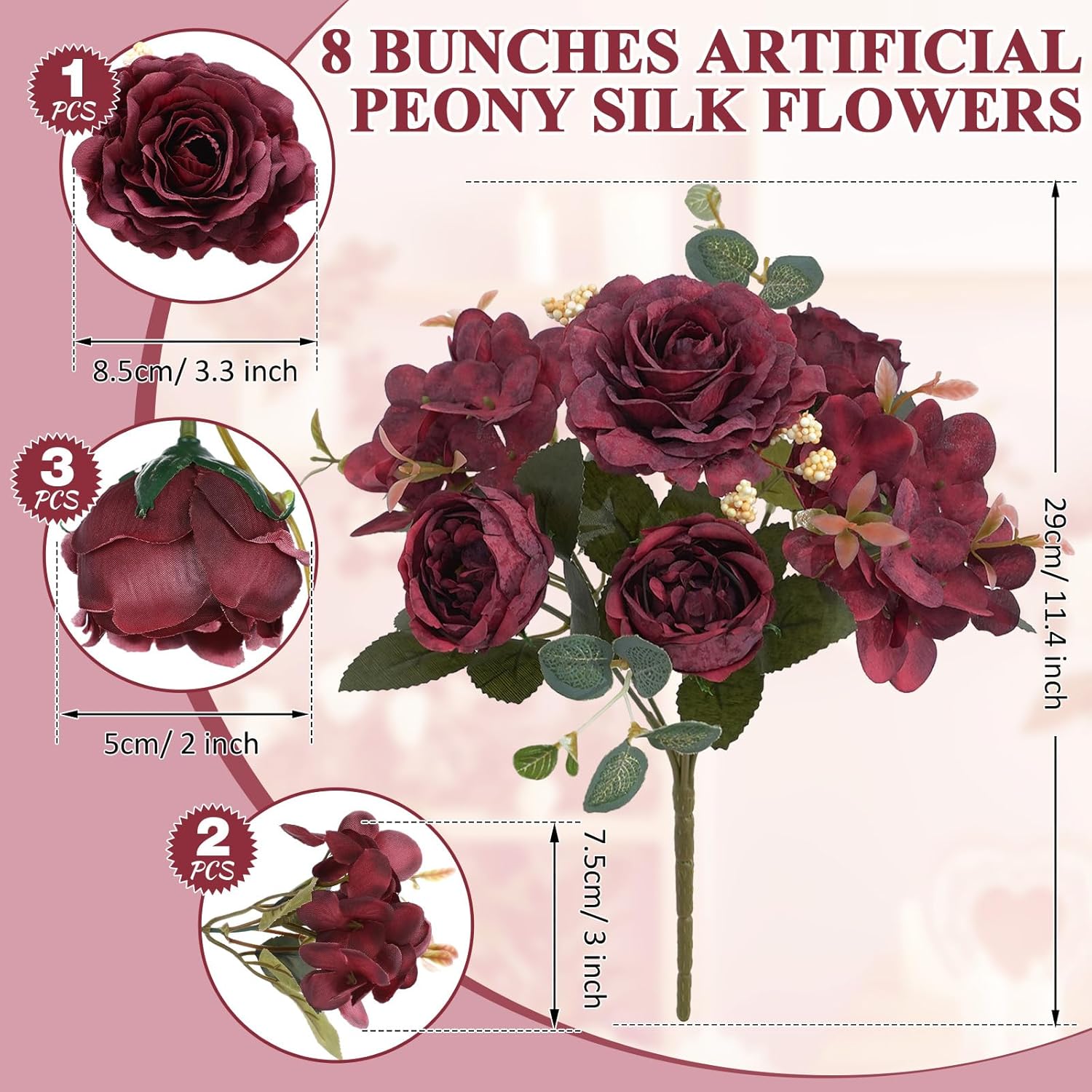Yunsailing 8 Packs Artificial Peony Flowers Faux Silk Hydrangea Bouquet Vintage Wedding Home Table for Door Decor Reusable Bouquet of Rose Flowers for Valentine Wedding Birthday Party(Burgundy) - Image 2
