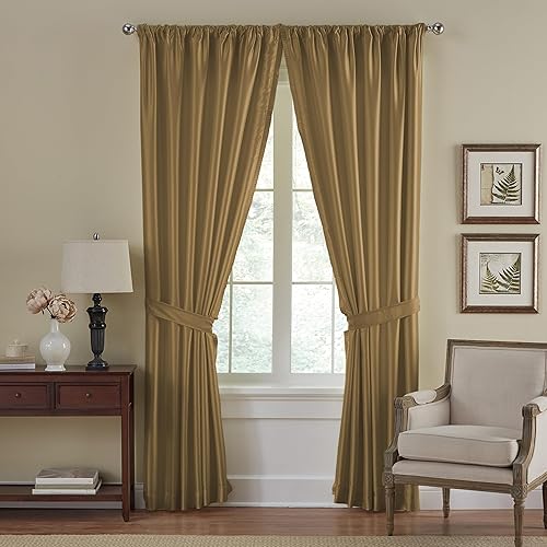 Elrene Home Fashions Versailles Faux-Silk Room-Darkening Curtain Panel, Blackout Curtain with Rod Pocket, 52 Inches by 95 Inches, Gold, 1 Panel