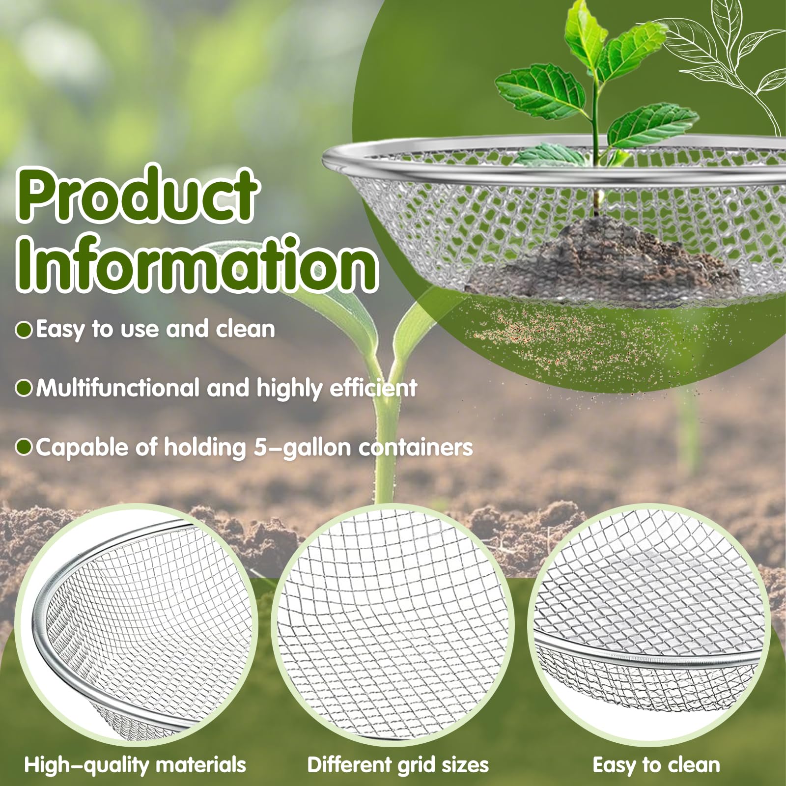 3er-Set Gartensieb rund Ø 30 cm, Metall Kompostsieb Garten Sandsieb für die Gartenarbeit – Sieb für Steine, Erde und organisches Material, 3mm/ 6mm/10mm Masche Sieb, passend für 5-Gallonen-Eimer