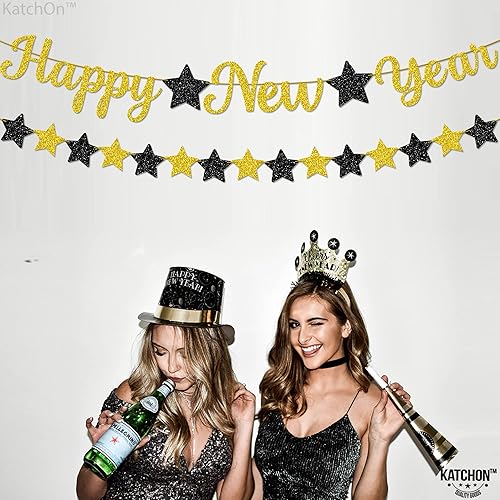 Miniatura 3 de KatchOn, Cartel de Feliz Año Nuevo pre-encordado – 10 pies, NO DIY, decoraciones doradas de la víspera de feliz | Cartel de decoración de fiesta de