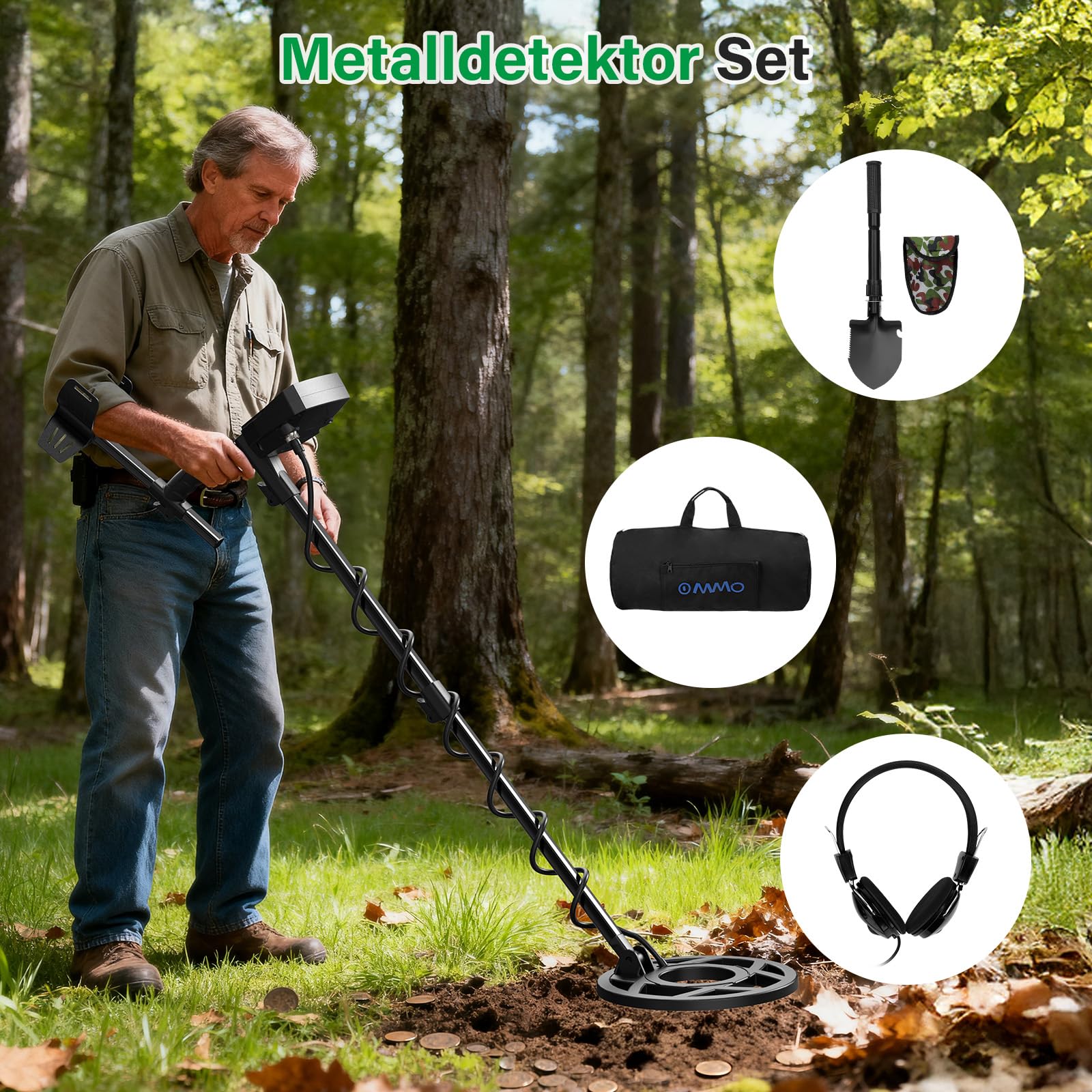 OMMO Detector de Metales Profesional para Adultos y Niños, Detectores de Metales Recargable por USB, 6 Modos, Alta Precisión, Bobina Impermeable IP68, Metal Detector con Pala, Azul