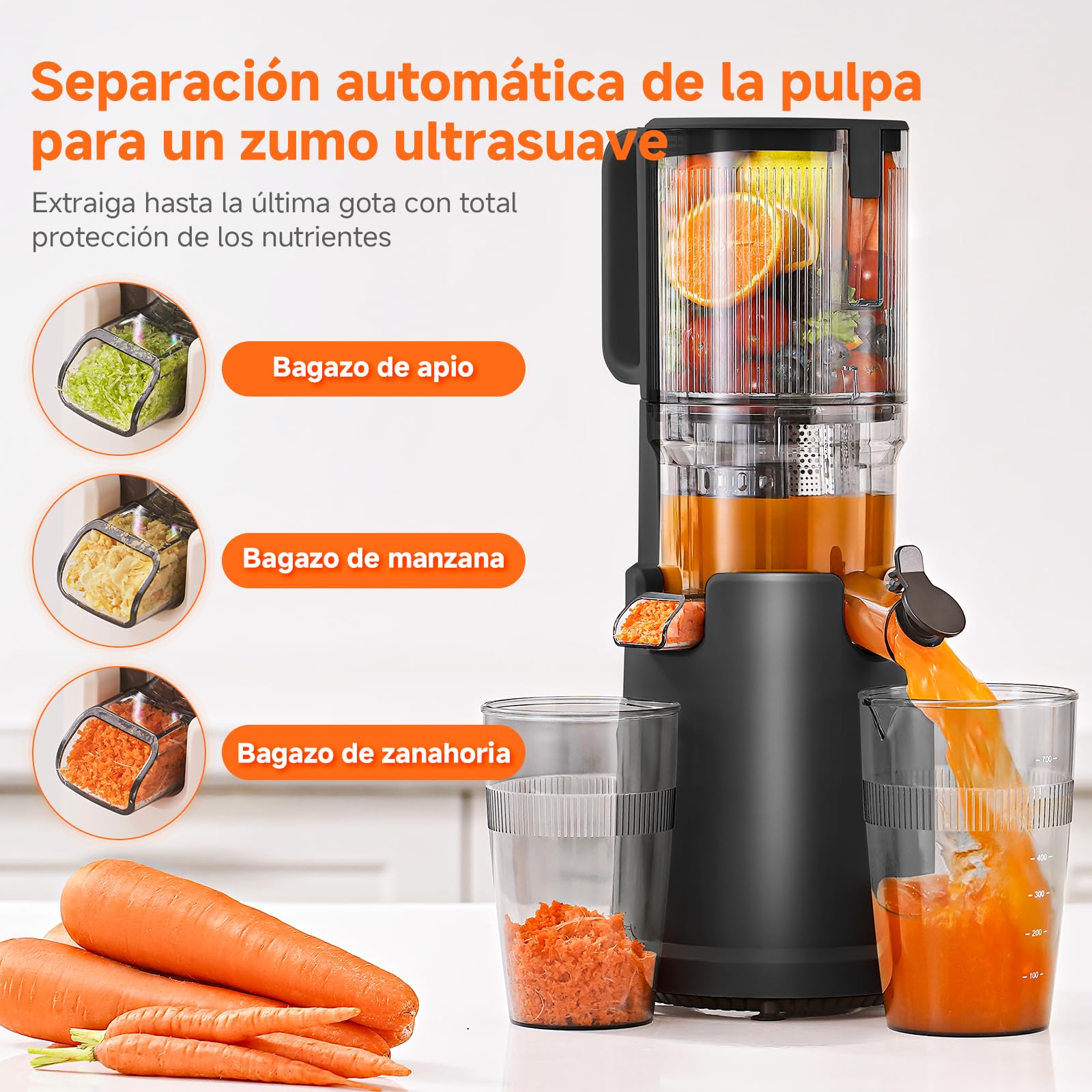 AOBOSI - Exprimidor lento de 135 mm XXL, orificio de llenado, 90 RPM, motor de cobre silencioso, sin BPA, alto rendimiento de zumo, para verduras y frutas, función de masticación inversa, ganador de