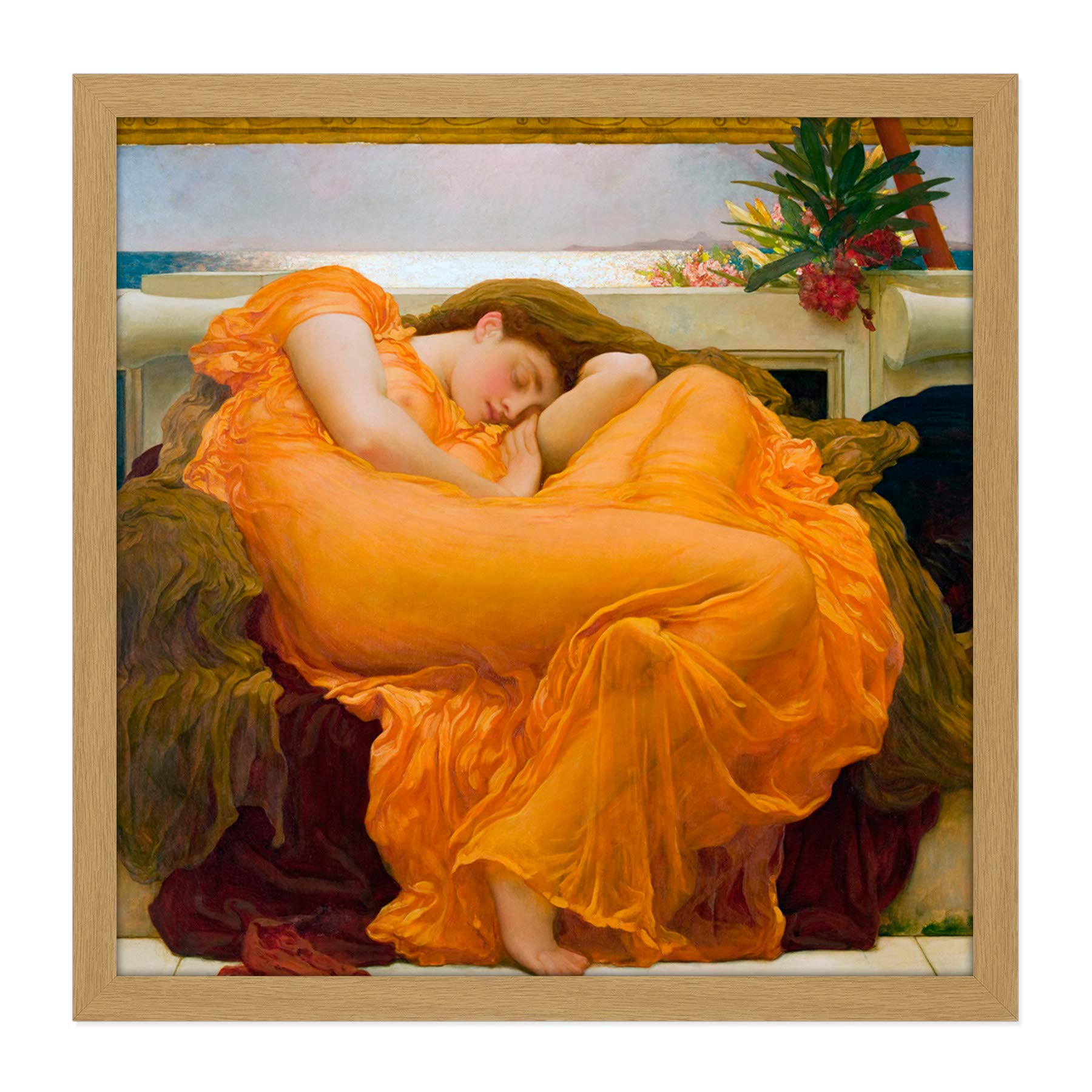 Artery8 Leighton Flaming June Painting Square Wooden Framed Wall Art Print Picture 16X16 Inch