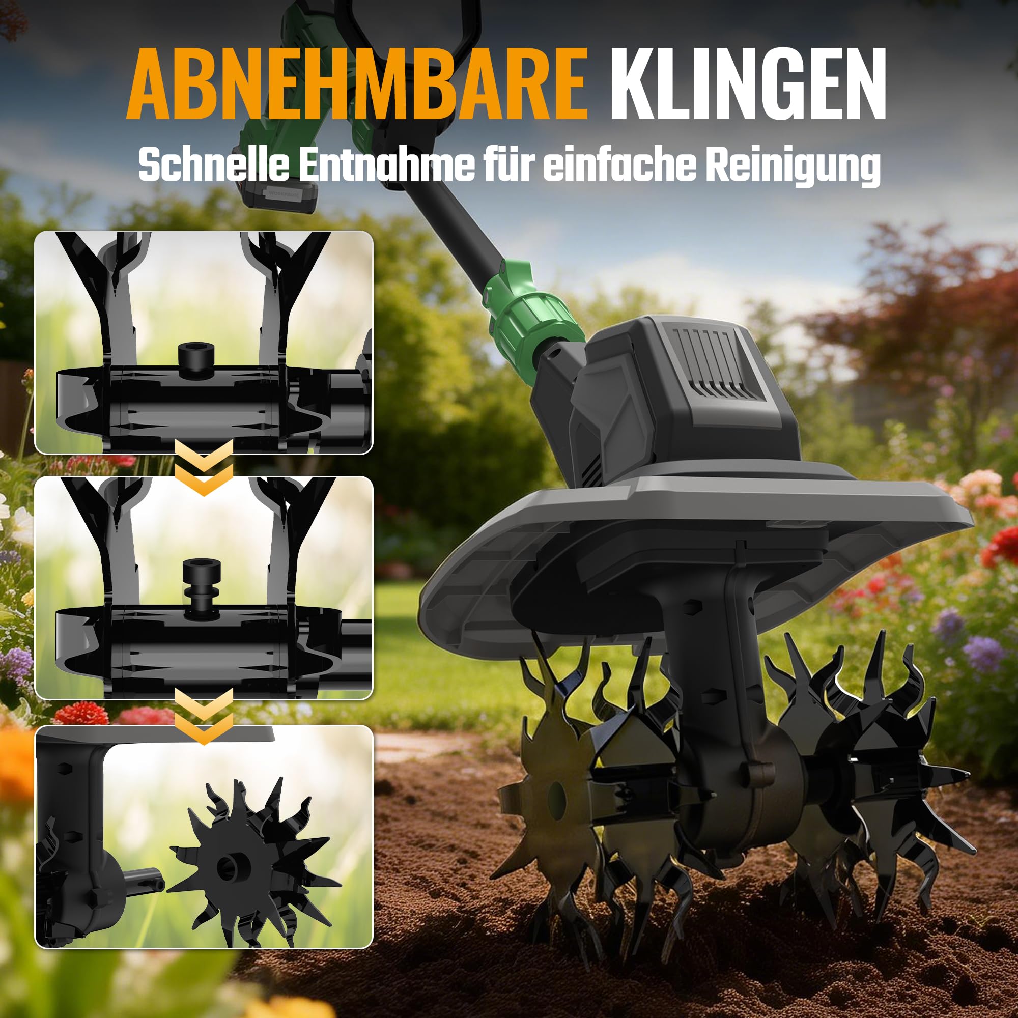 WORKPROX 20V Akku Gartenfräse, Motorhacke mit 4,0Ah Akku, Kabellos & Ölfrei, 20 cm Fräsbreite & 20 cm Arbeitstiefe, 3-Stufig Verstellbarer Griff, Abnehmbare Klinge, Bodenfräse für Garten & Beet