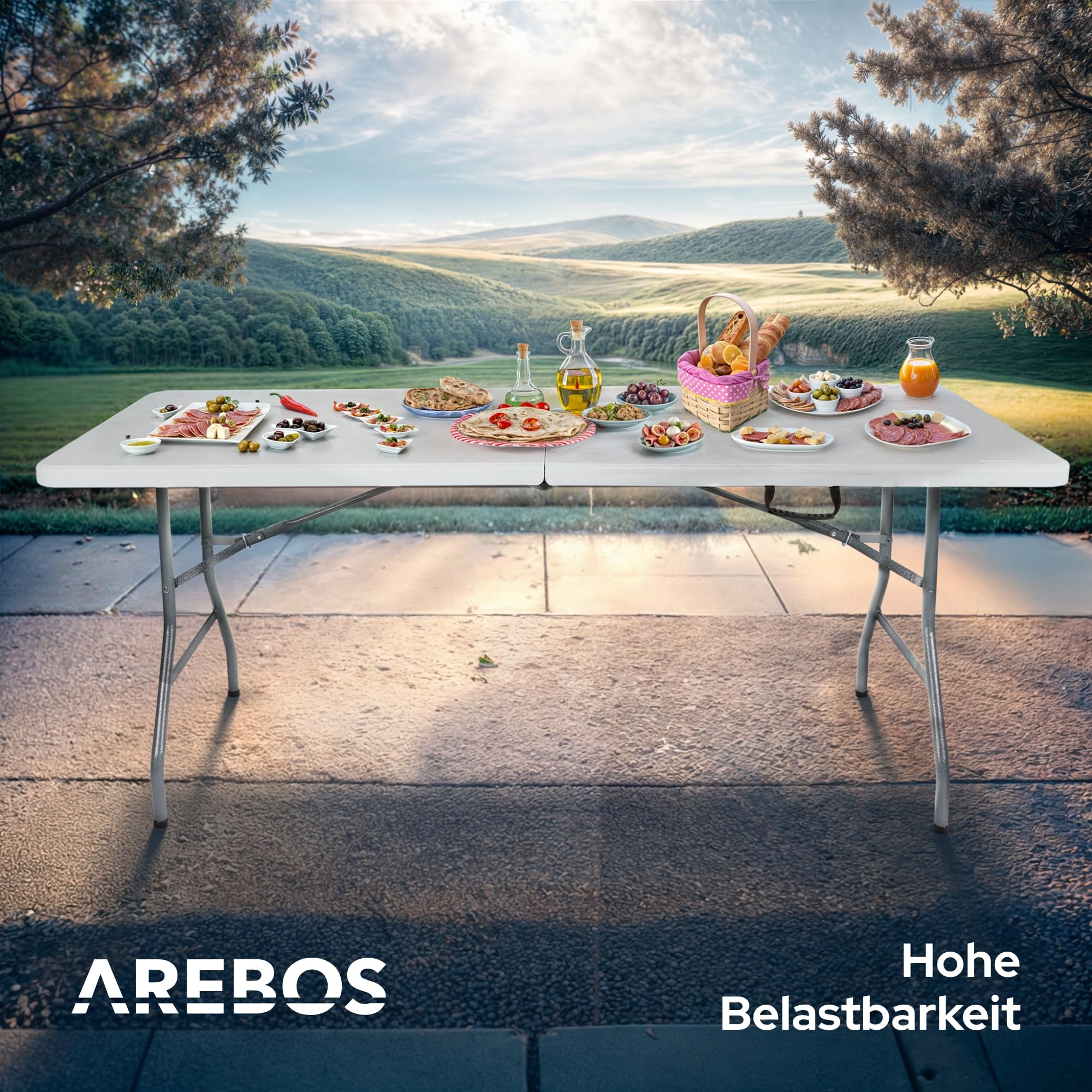 Arebos Buffettisch zusammenklappbar 182 x 74 x 74 cm Wetterfest Gartentisch Partytisch Klapptisch für Garten Terrasse und Balkon | 8 Personen | Campingtisch mit Tragegriff | Weiß