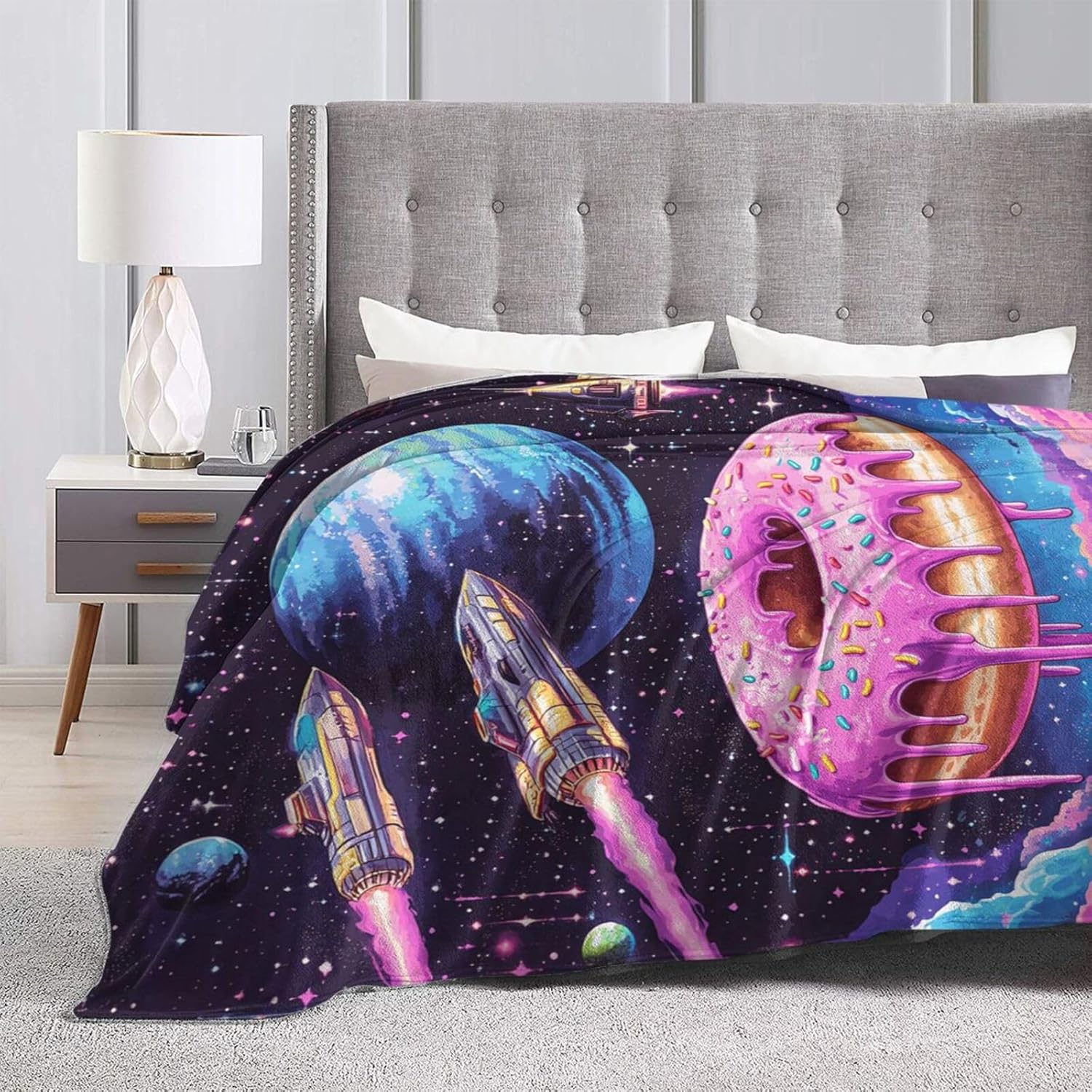 Donut Blanket Space Donut Decor Throw Blanket Super Soft Flannel Lightweight Fluffy Plush Cozy Fuzzy Fleece Food Blanket Gifts for Girl Boys Woman Man Kids Adults for Bed Sofa Couch 50"X60"