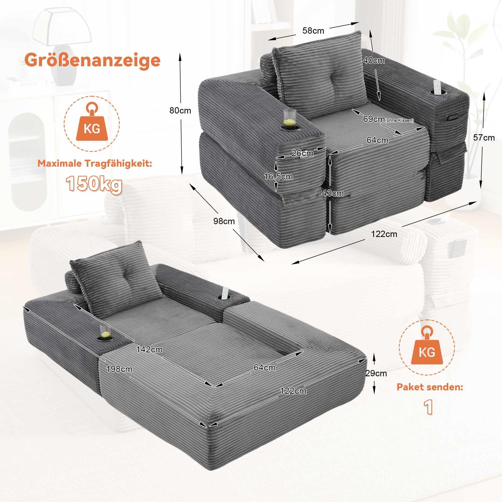 Sofá plegable de pana con espuma de alta densidad y resorte de bolsillo para asiento estable, bolsillo lateral + soporte para tazas, resto del brazo con cremallera, paquete al vacío, fácil montaje