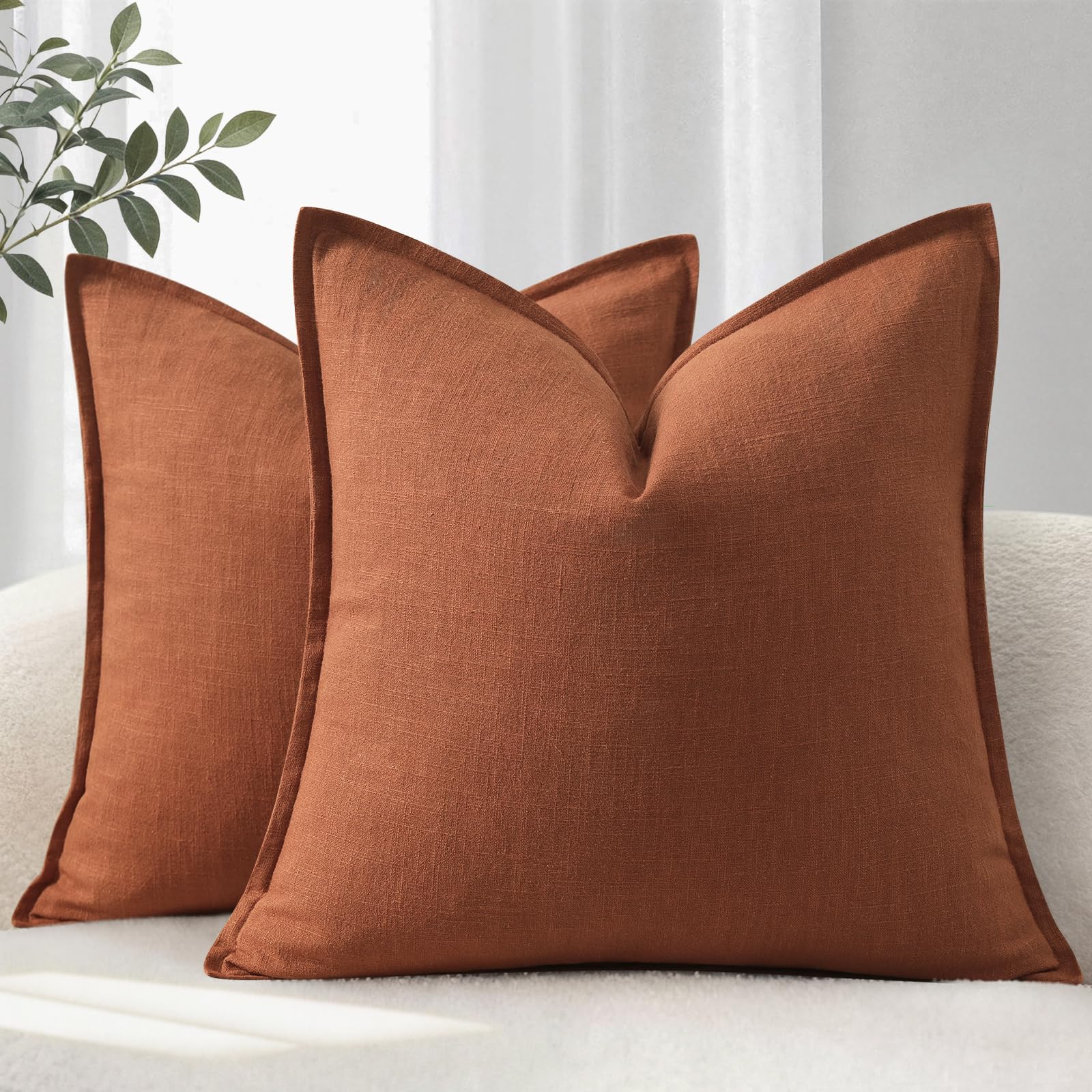 YCOLL Cushion Covers 60x60 cm Set of 2 – Soft Natural Linen Cushions with Trim, Solid Colour Decorative Cushion Cover for Sofa, Couch, Bed and Living Room, Rust