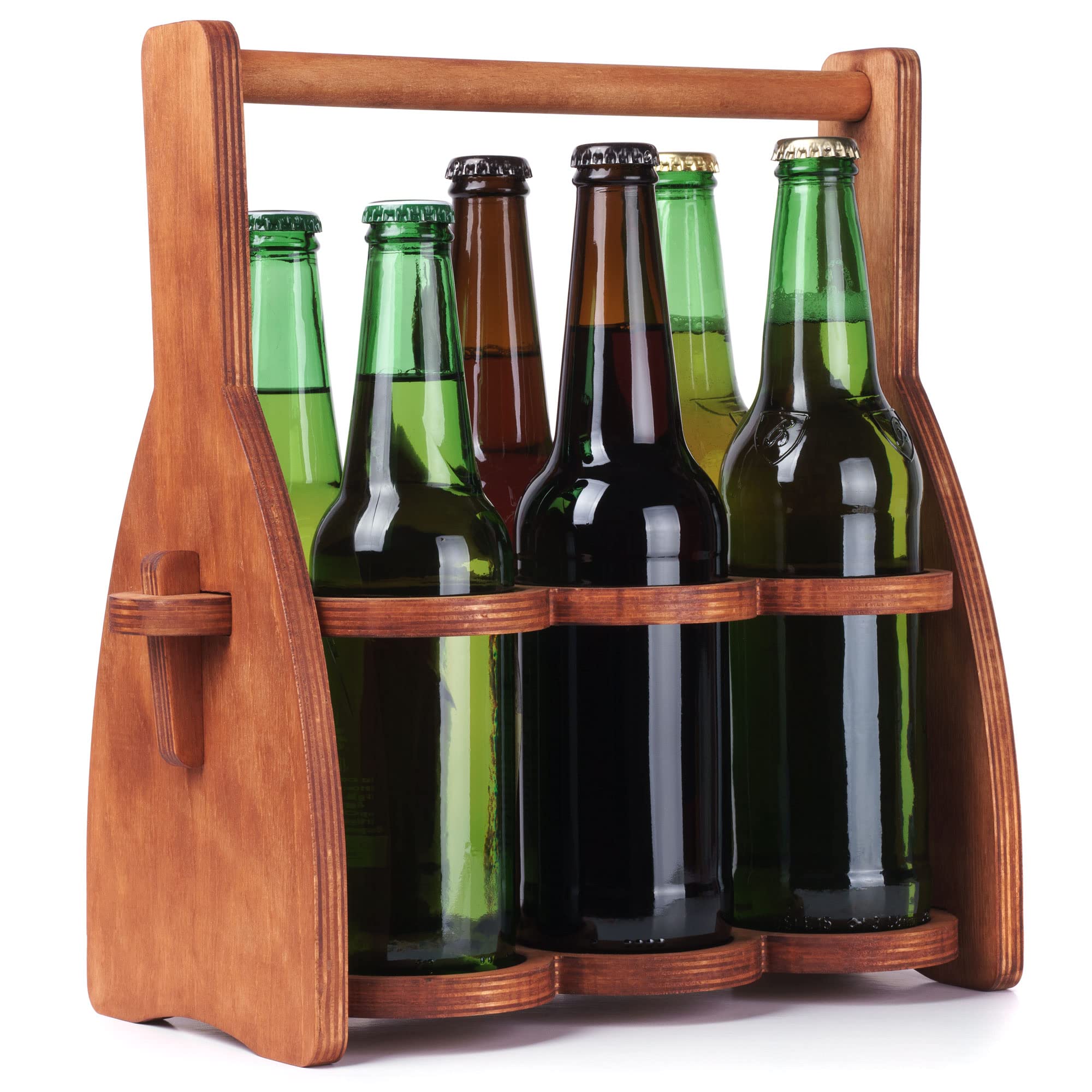 Bierbehälter aus Holz für 6 Flaschen – zusammenklappbarer Getränkehalter – beste Bierliebhaber Geschenke für Männer, Ihn, Papa – 6er-Pack Holz-Biertragetasche, Trinkhelfer, handpassend