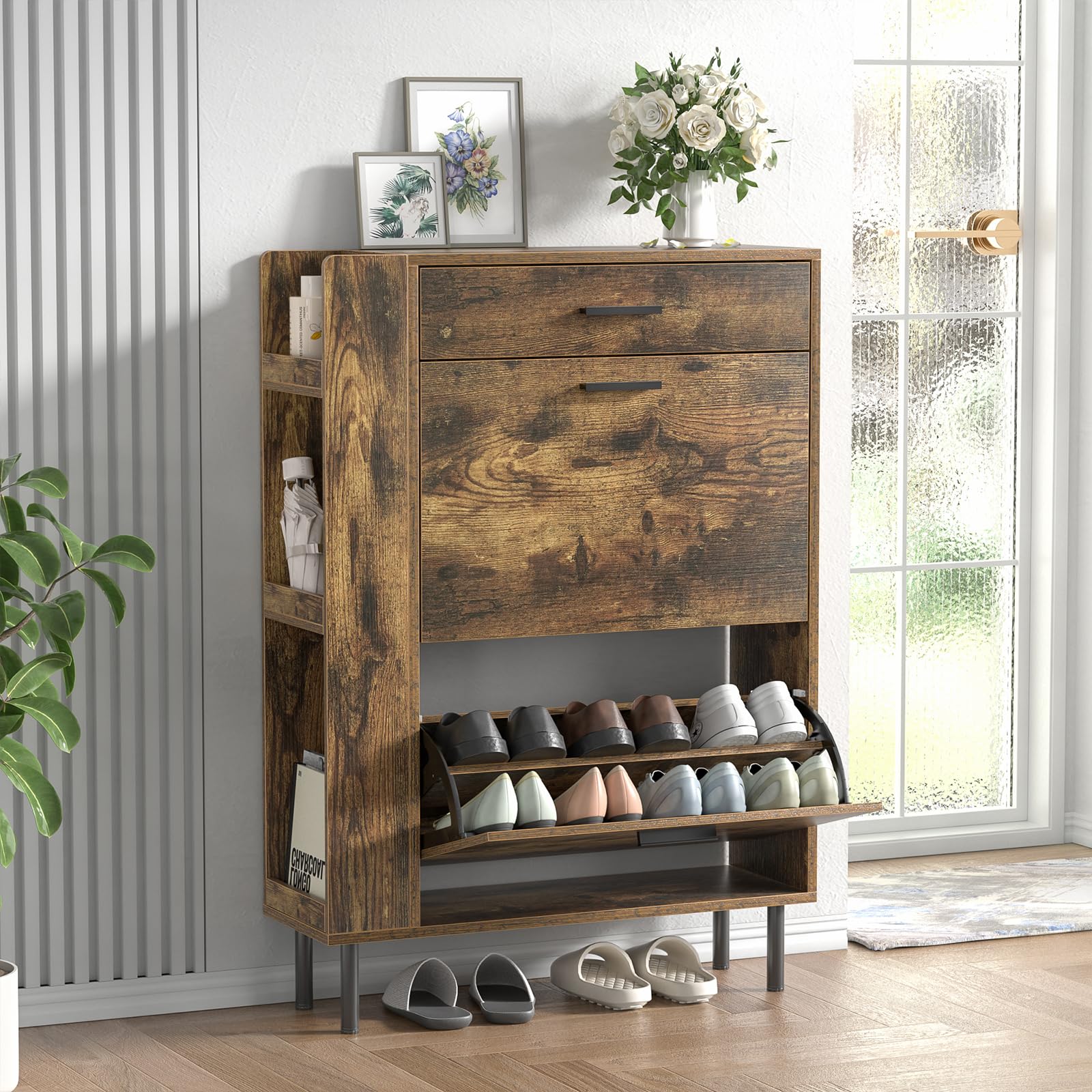 Skokliz Retro Brown Shoe Storage Cabinet, Modern Shoe Cabinet With 2 Flip Hidden Doors And Drawer, Wooden Narrow Shoe Storage With Adjustable Shelves For Hallway, Entryway, Living Room 75X24x105cm