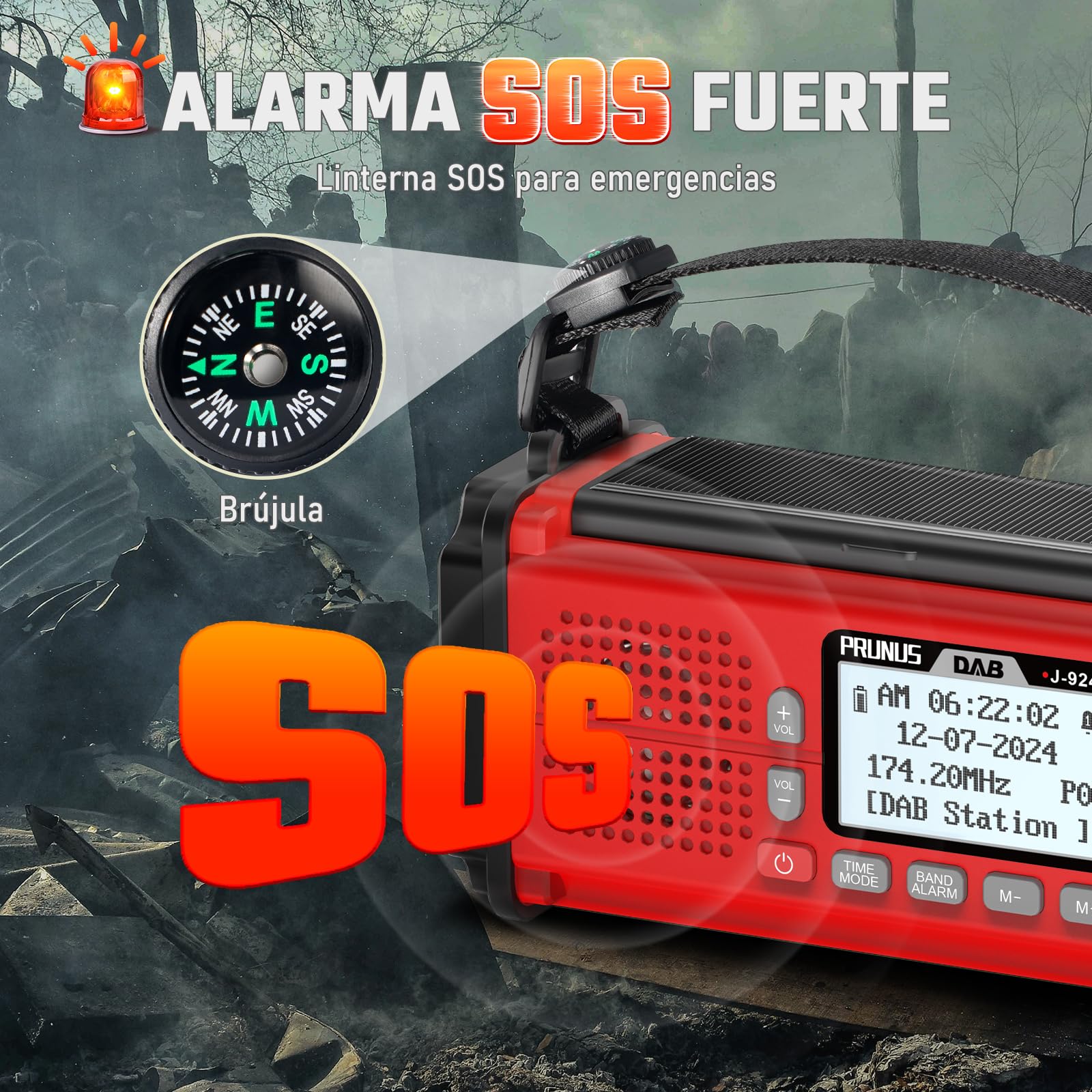 PRUNUS J-924 FM Dab Radio Digital con Función de Preselección, Radio Portatil Pequeña Recargable con Banco de Energía de 10000 mAh, Radios Solar y a Pilas, con Manivela,Linterna,SOS.