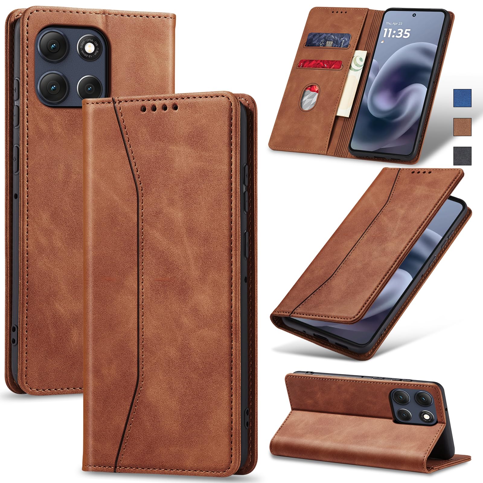 GOKEN Cover Pelle per Motorola Edge 50 PRO, Magnetica Custodia con Supporto di Stand & Carte Slot, Flip Case con Portafoglio -Azzurro