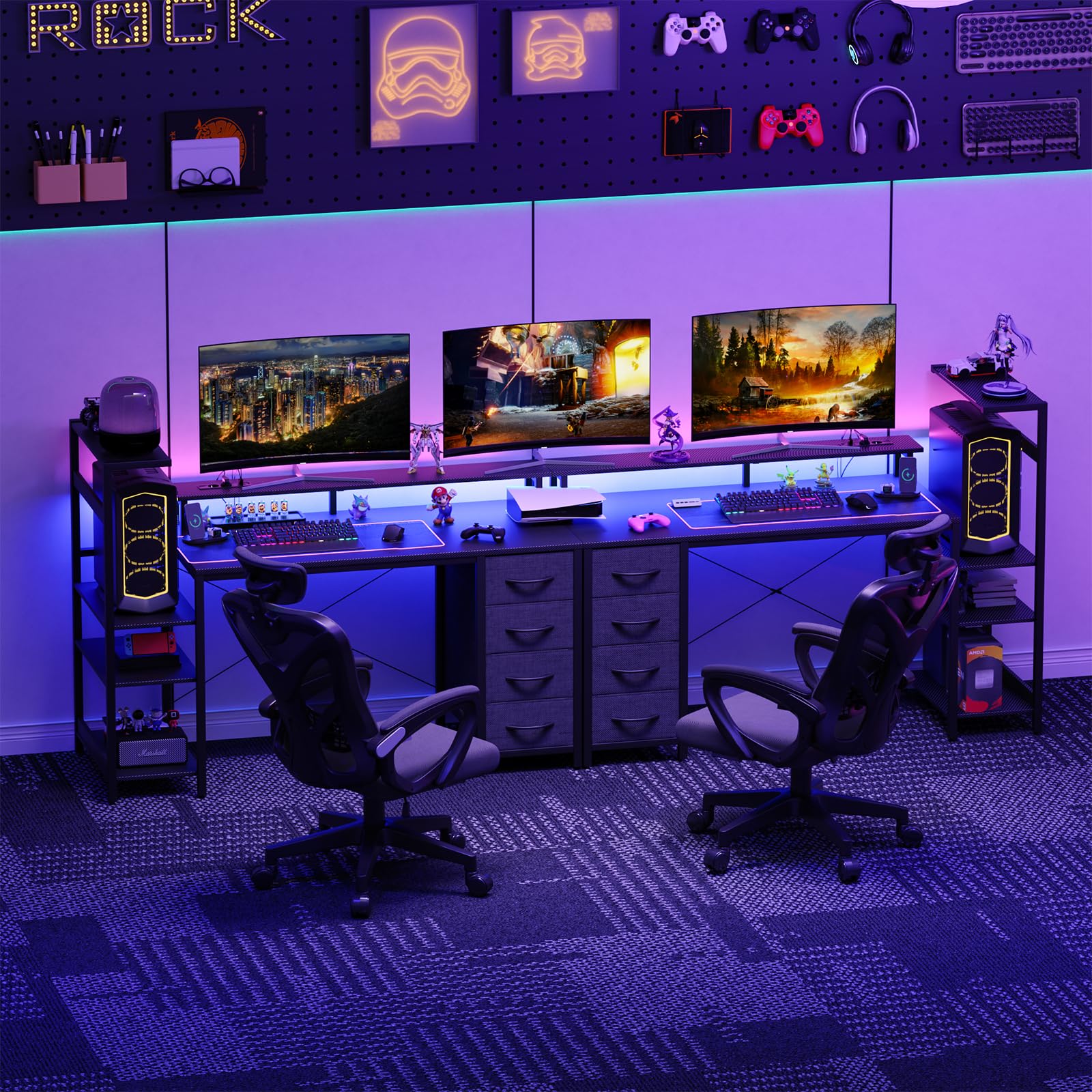 YOUDENOVA Gaming Schreibtisch 130 * 50cm,Gaming Tisch mit LED-Beleuchtung & Steckdose,Computertisch mit Schubladen,Carbon Fiber Schwarz