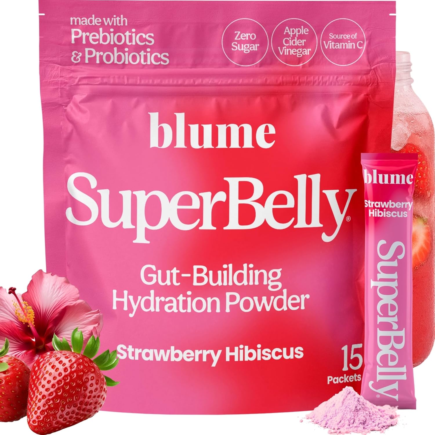 Blume SuperBelly Gut Health + Hydration, Daily Sugar Free Probiotics, Prebiotic Fiber, and Electrolytes Powder Packets for Digestion Support, Strawberry Hibiscus, 15 Sticks