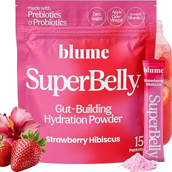 Blume SuperBelly Gut Health + Hydration, Daily Sugar Free Probiotics, Prebiotic Fiber, and Electrolytes Powder Packets for Digestion Support, Stacked Water - Strawberry Hibiscus, 15 Sticks